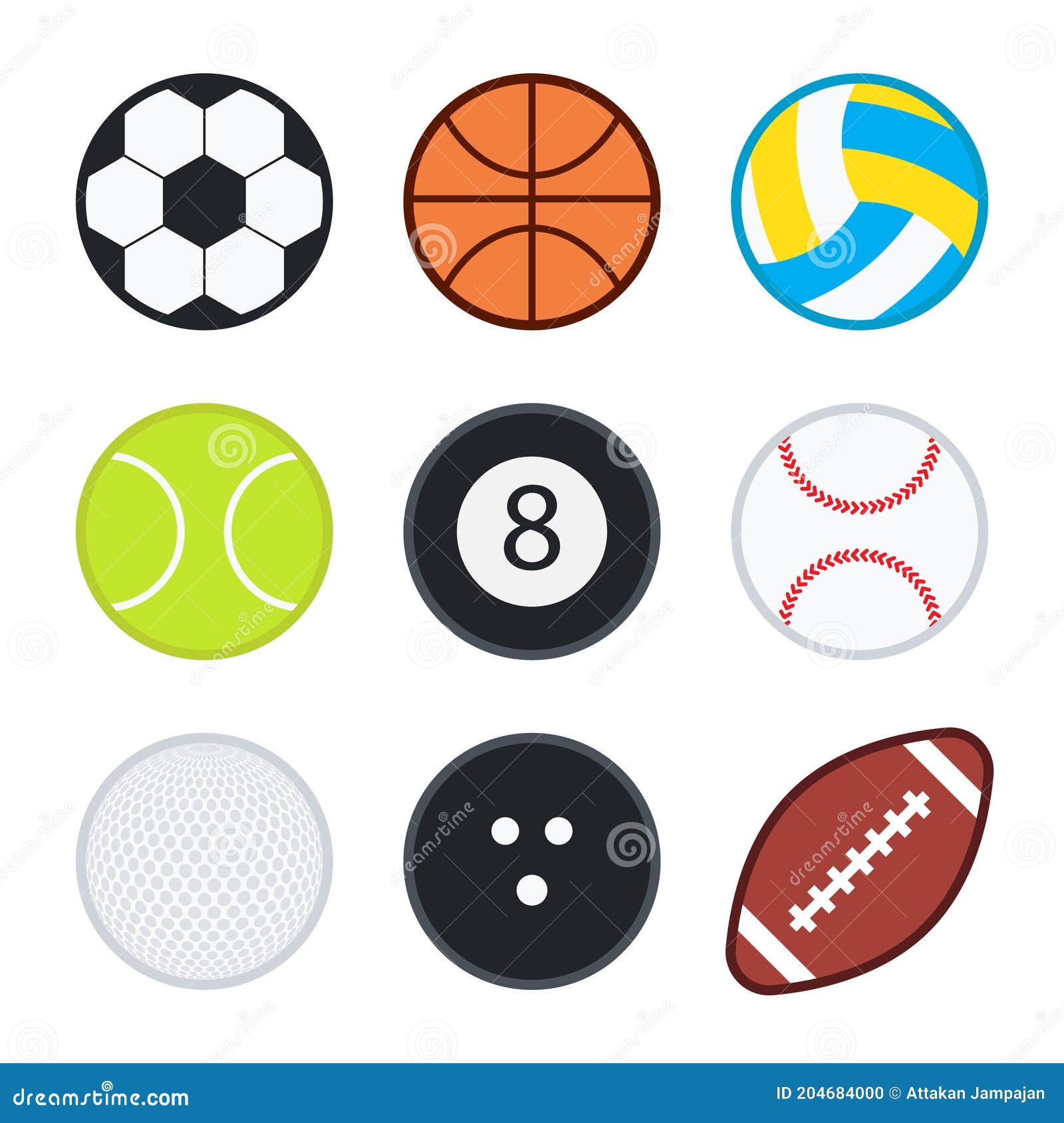 Set of Sports Balls on a White Background, Vector Flat Style Design