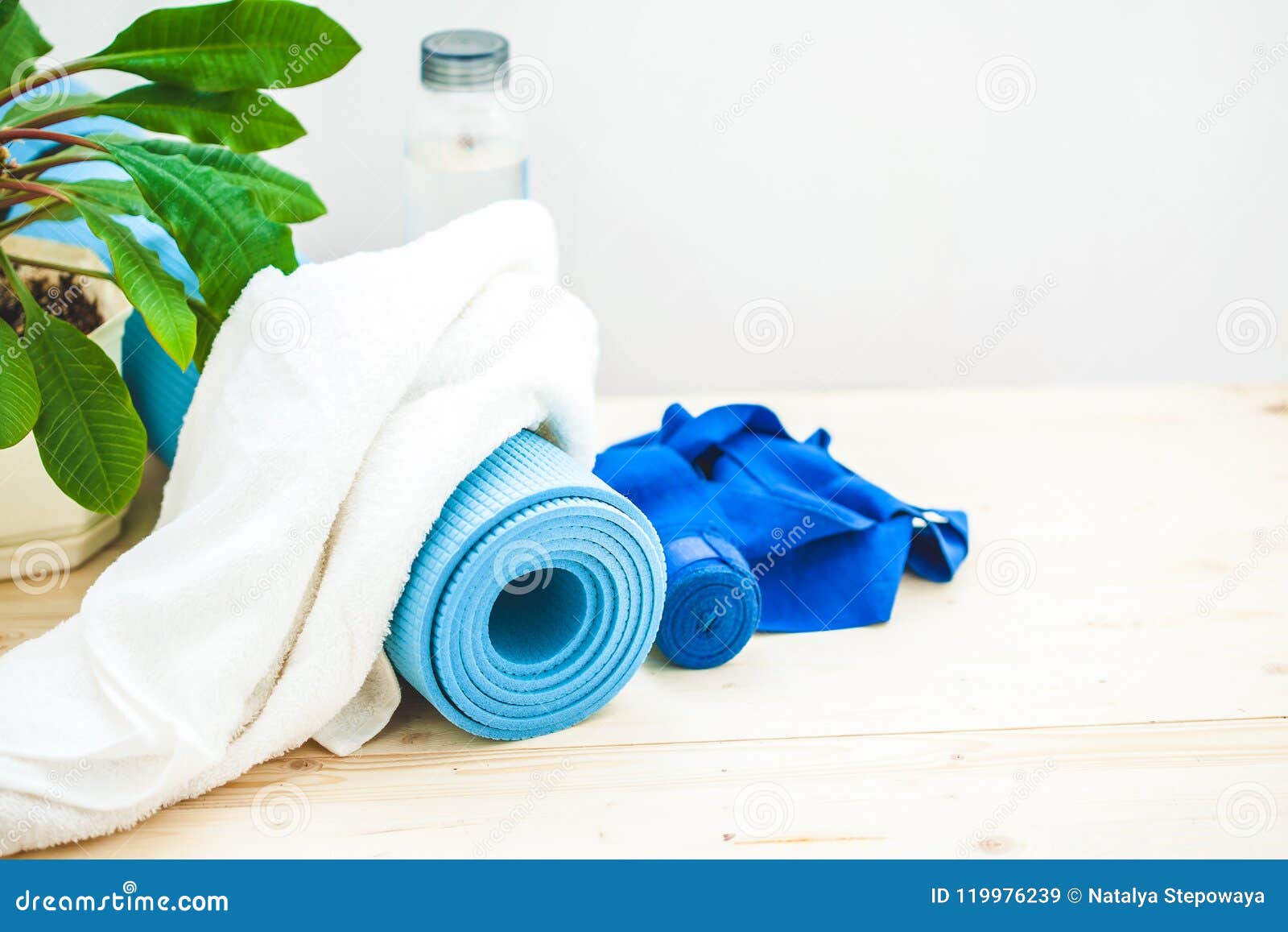 Set for Sports, a Yoga Mat, a Towel and a Bottle of Water on a Light  Background. the Concept of a Healthy Lifestyle Place for Text Stock Image -  Image of cotton