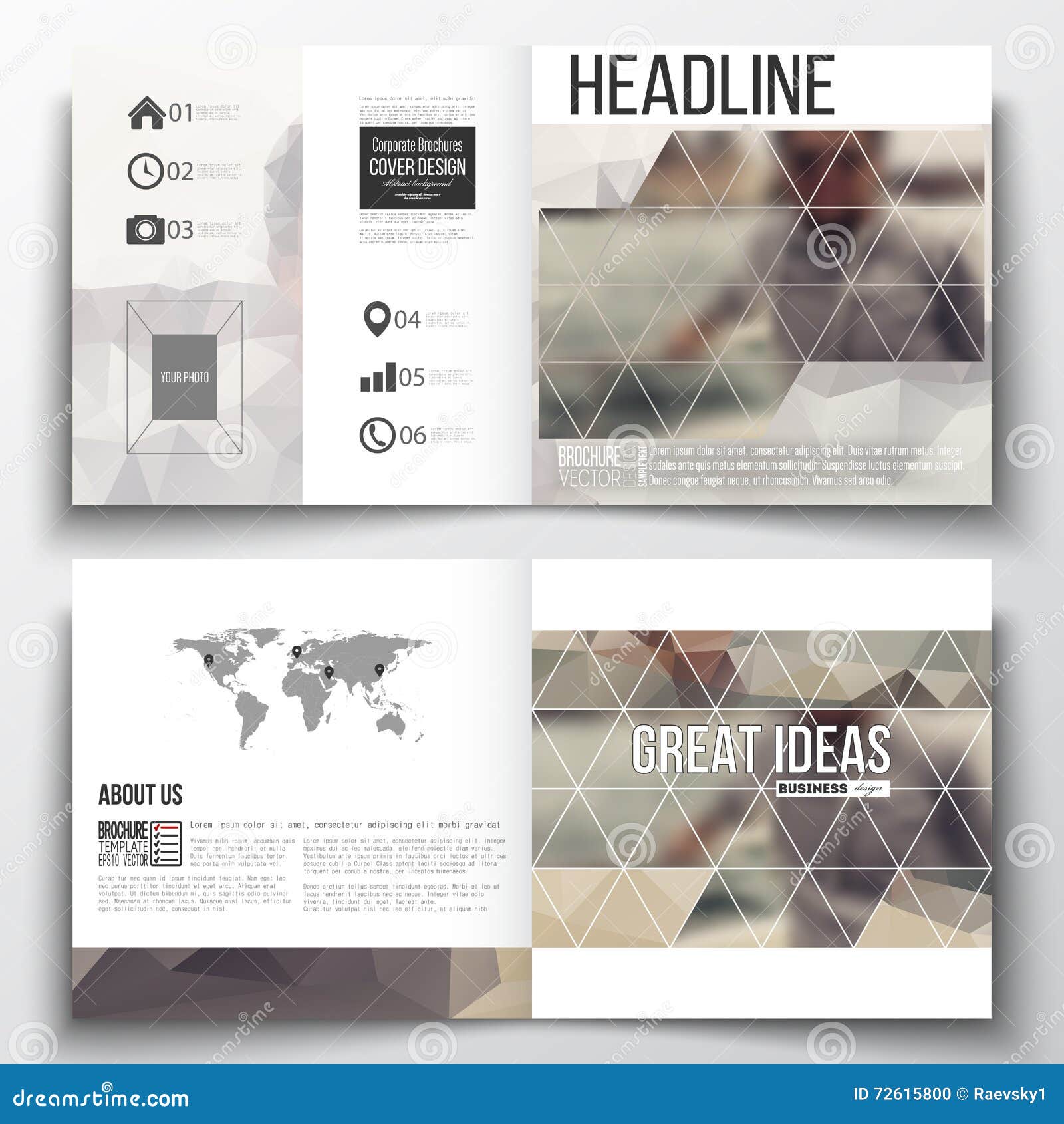 set of square design brochure template polygonal background tourist pamphlet template