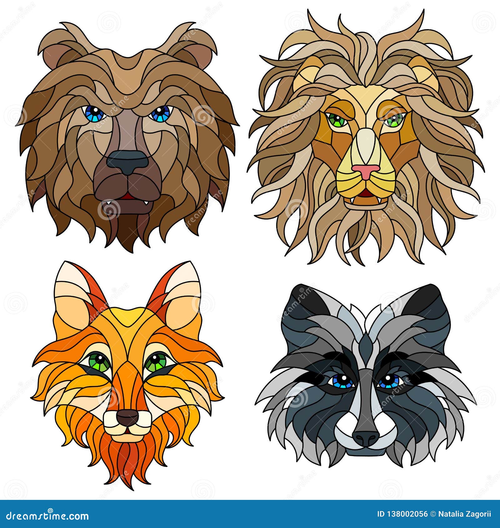 stained glass set with animal heads, a fox, a lion, a bear and a raccoon, isolates on white background