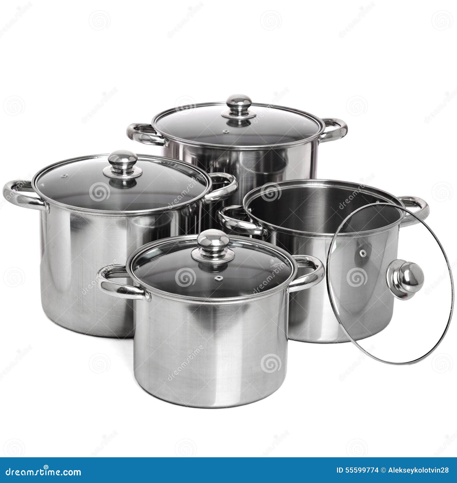 Set of 4 Stainless Pots with Glass Lids Isolated on White Stock Photo