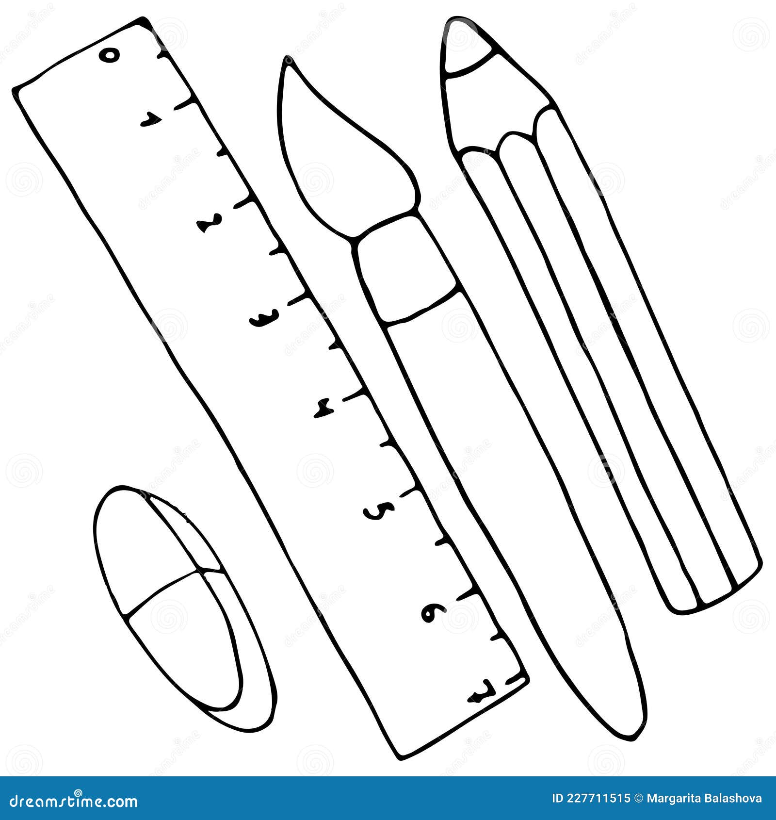 Set of Stationery for School, Drawing - Eraser, Ruler, Brush, Pencil,  Vector Illustration in Doodle Style, Coloring Book Stock Vector -  Illustration of black, freehand: 227711515