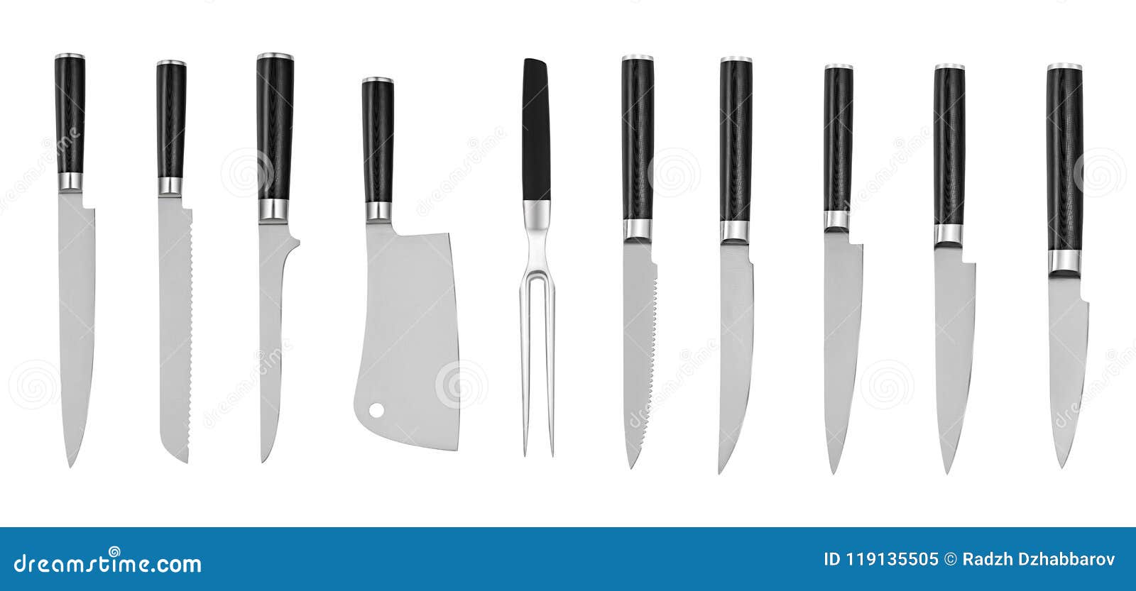 set of steel kitchen knives,  on white background with clipping path. chef knife
