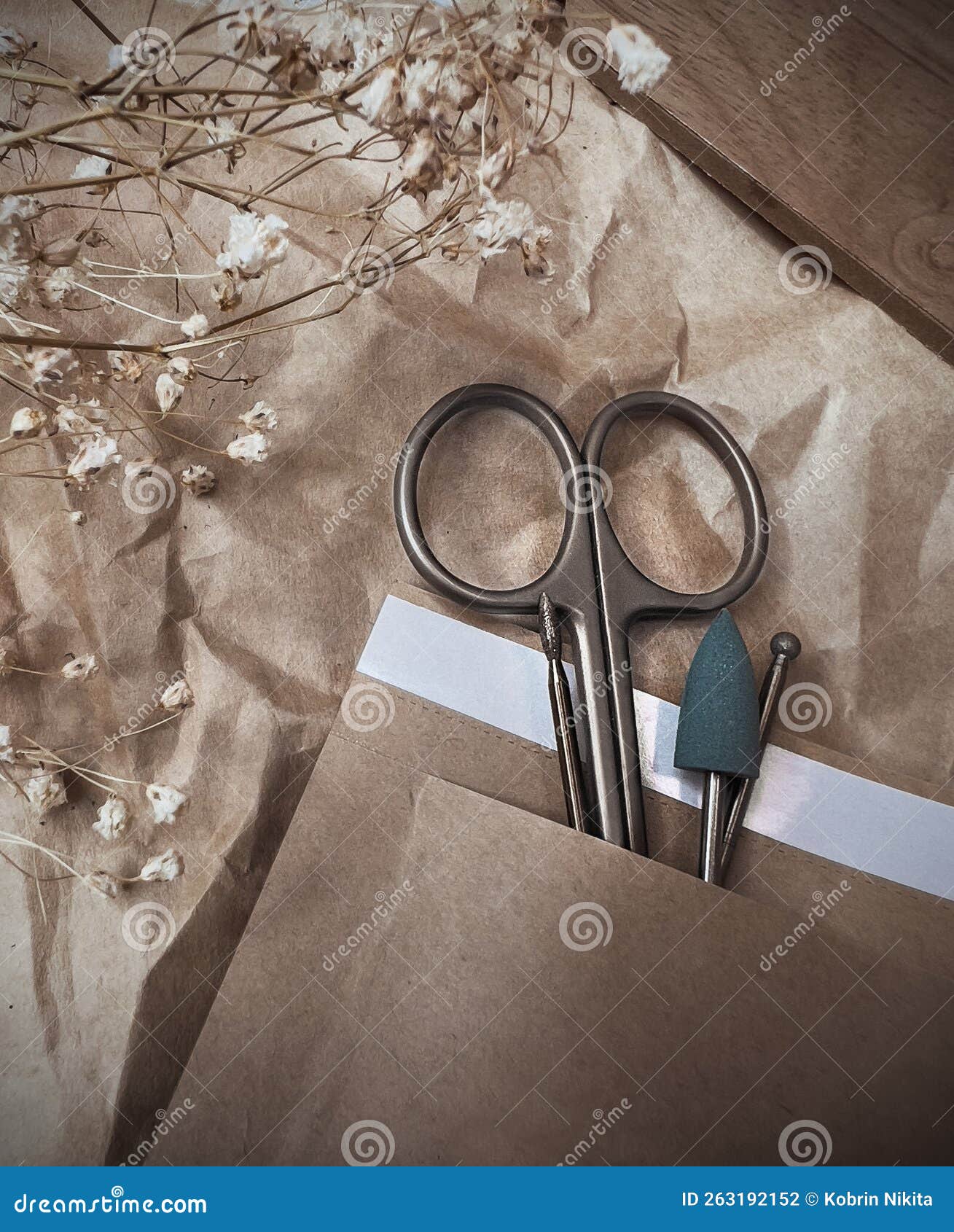 A Set of Sterile Manicure Tools in a Craft Package. Nail Salon Stock