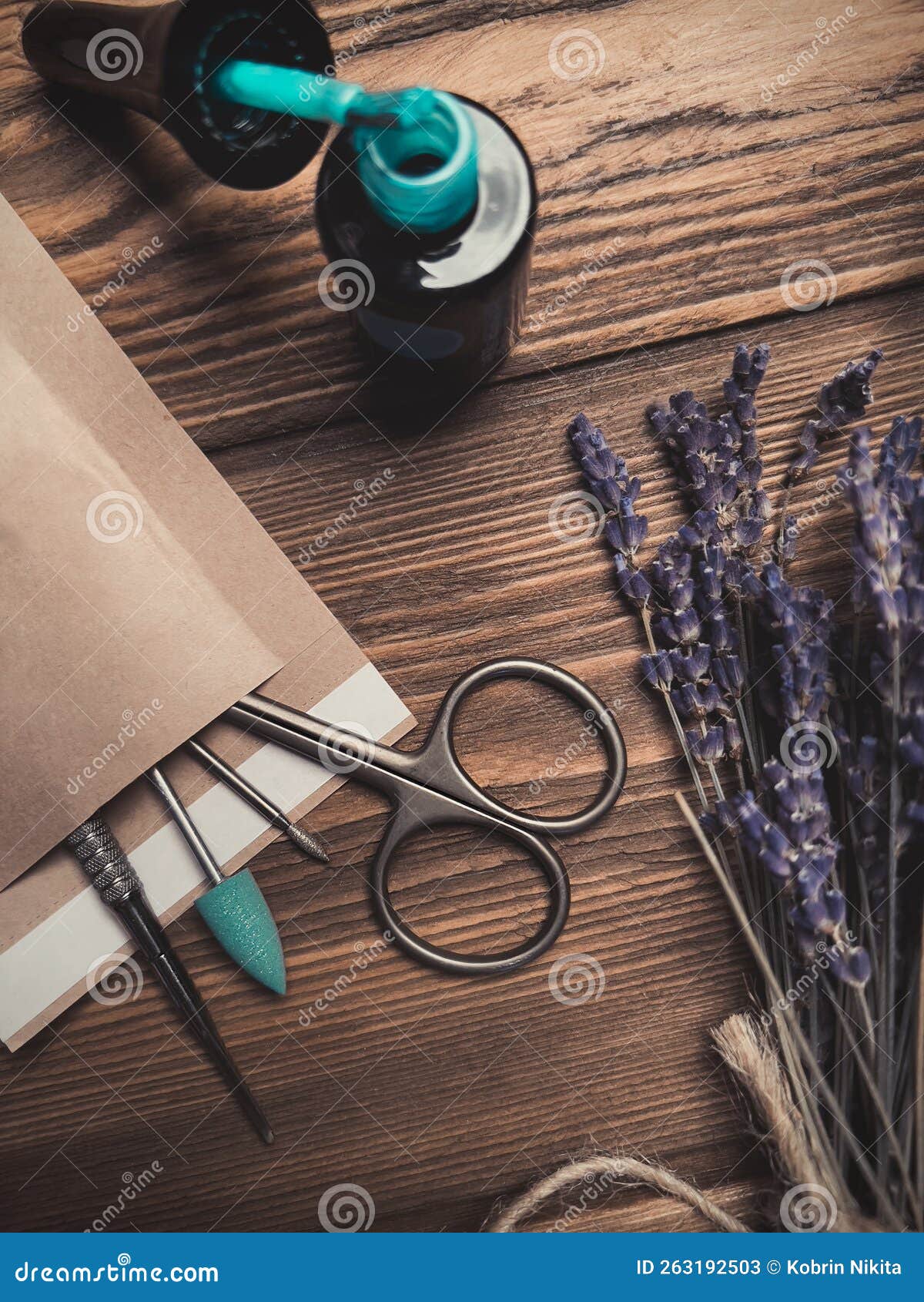 A Set of Sterile Manicure Tools in a Craft Package. Nail Salon Stock