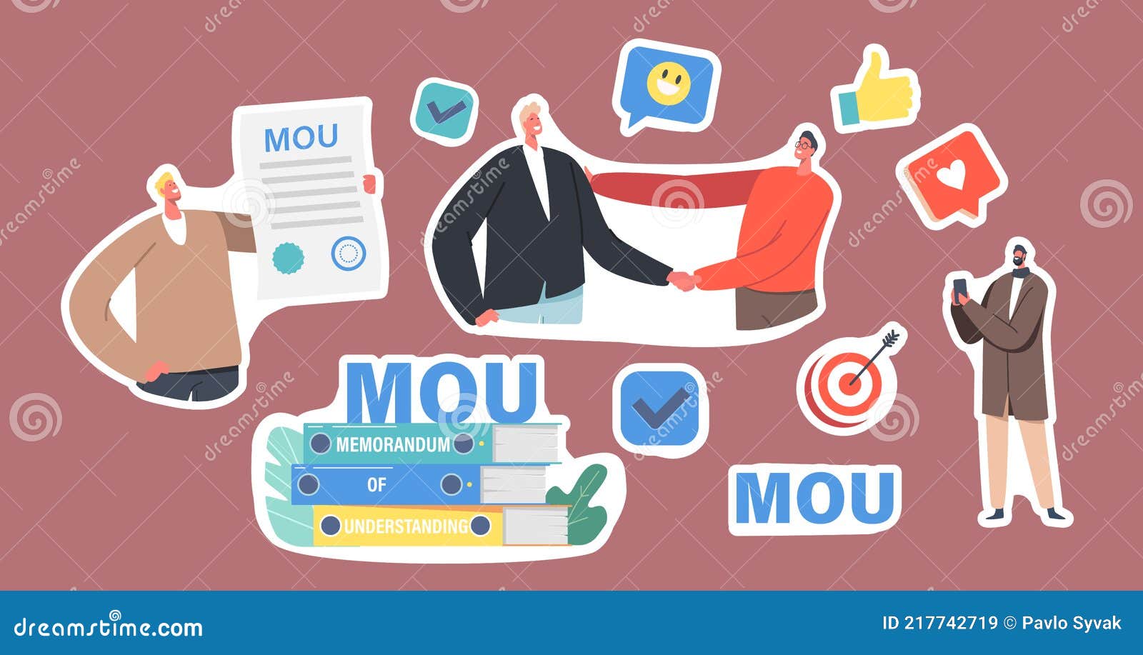set of stickers businesspeople characters with mou documents, pile of memorandum of understanding documentation
