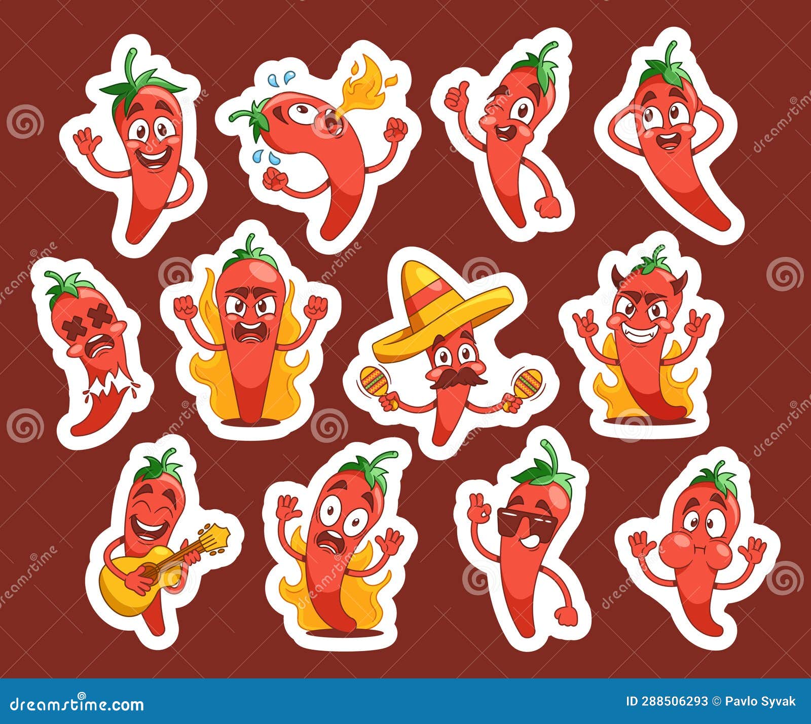 set of stickers cartoon hot chili pepper characters. red jalapeno or guindilla mexican personages  