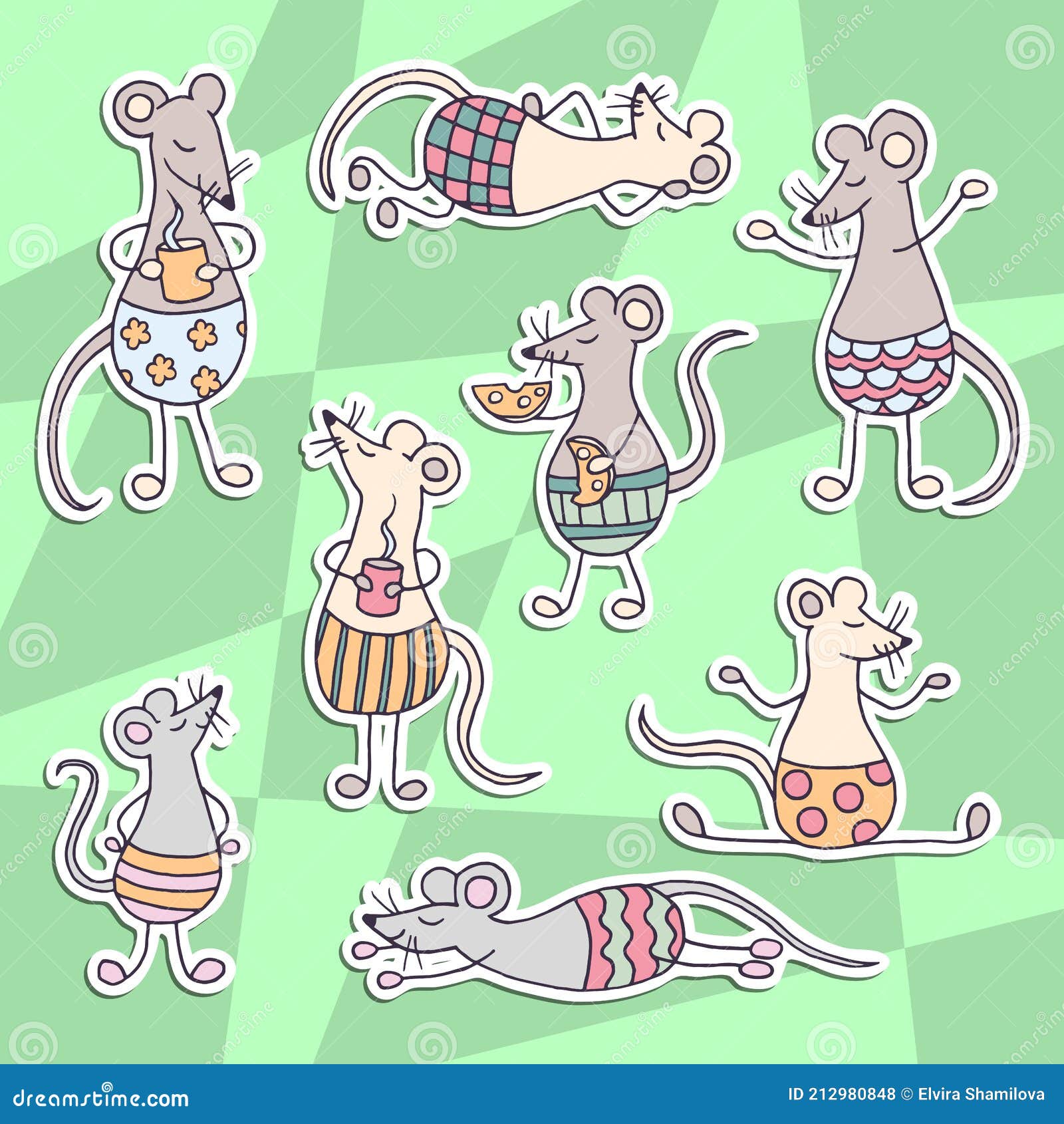 A Set of Stickers with Funny Cartoon Rats Stock Vector Illustration