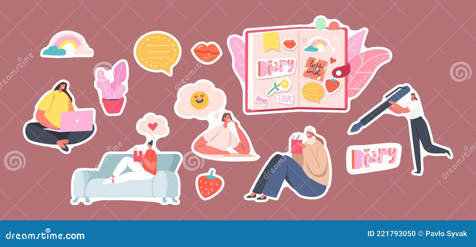 set of stickers . girls writing memoirs into cute diary. female characters with notebook. teenagers sitting on floor