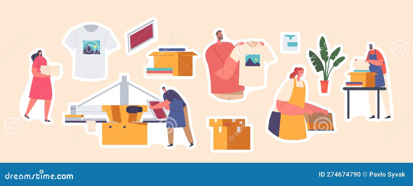 Set of Stickers Silk Screen Printing Workers with Professional Tools As