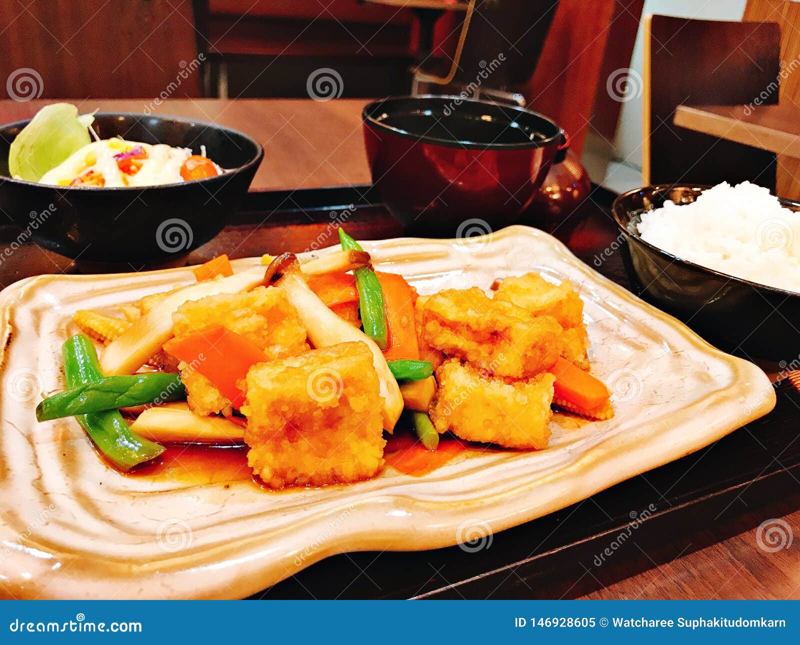 Set of Stir Fried Mixed Vegetables with Fried Tofu. Stock Image - Image