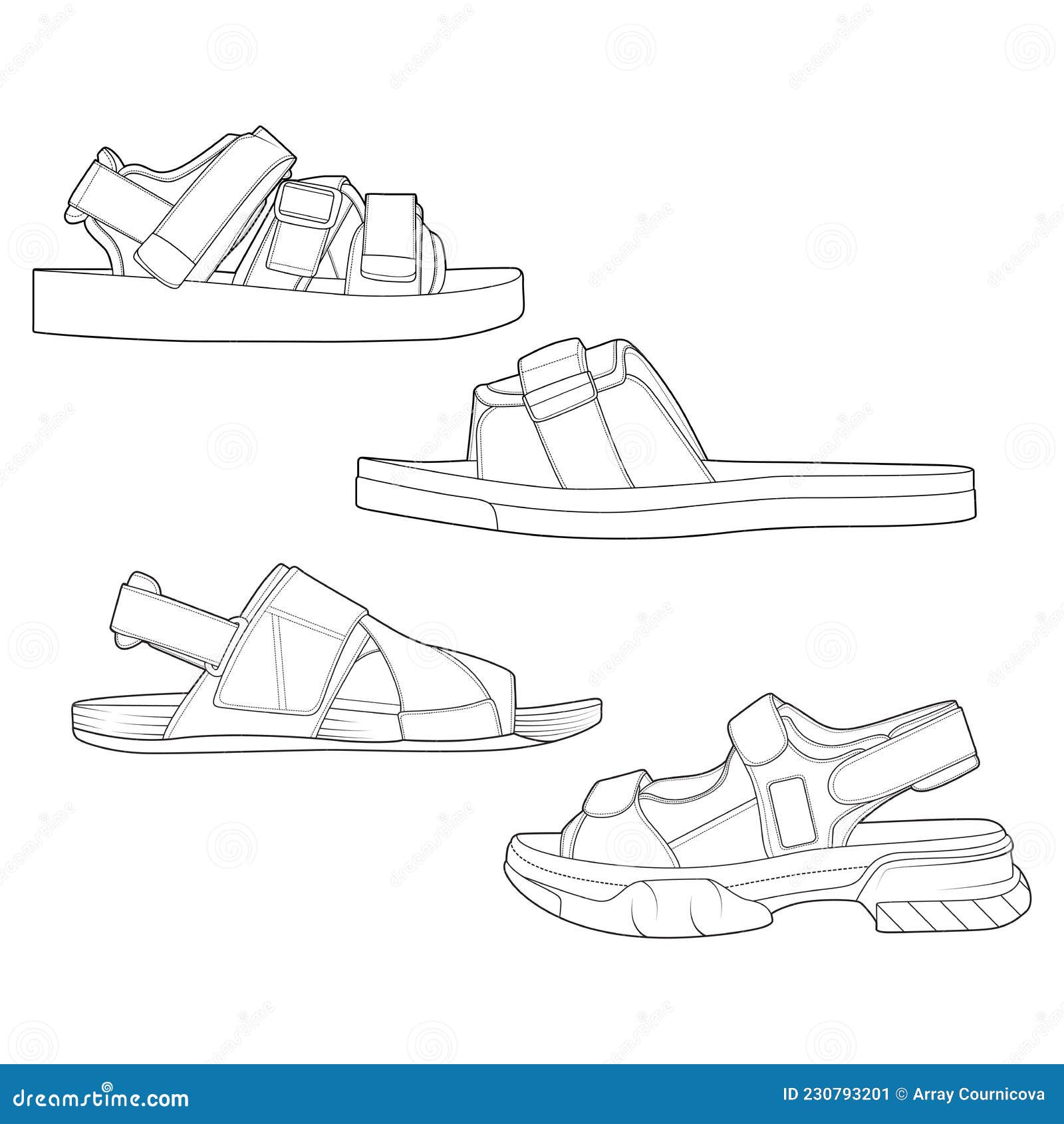 4 Set Strap Sandals Outline Drawing Vector, Strap Sandals in a Sketch