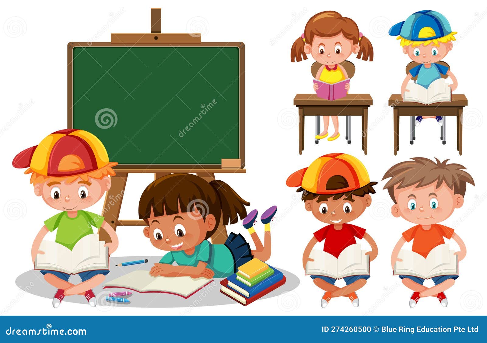 Set Of Students Cartoon Character Learning Stock Vector Illustration