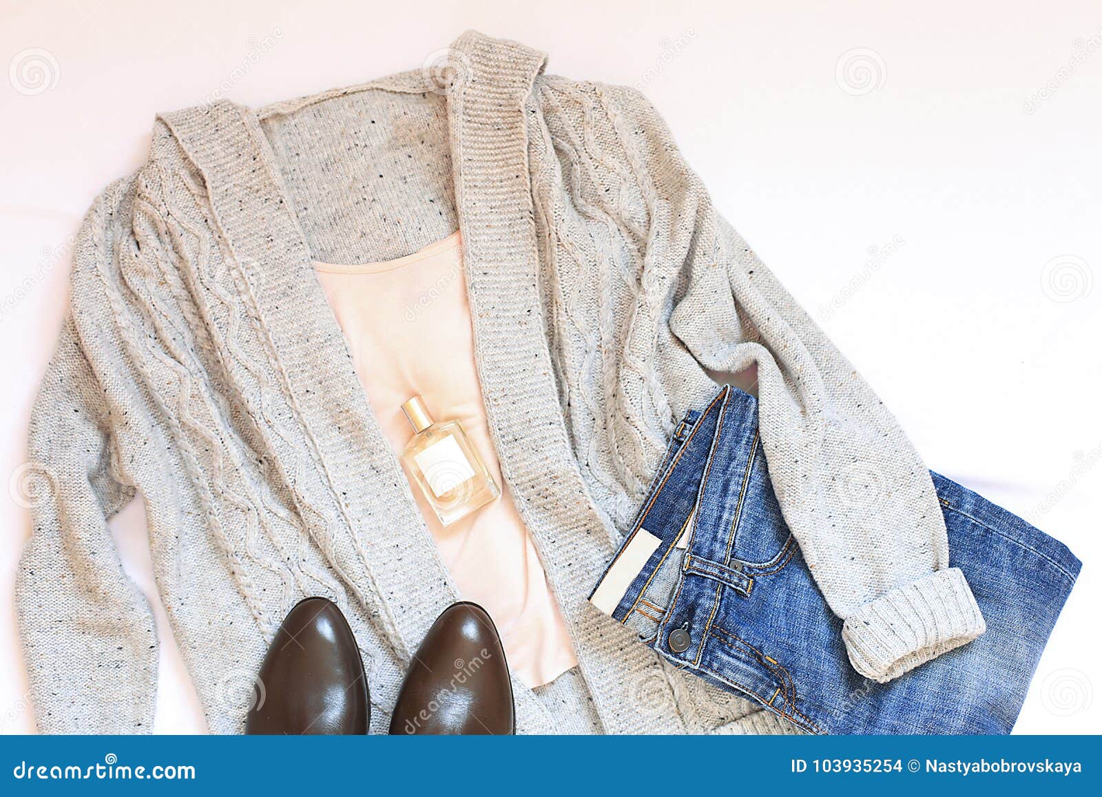 Set of Stylish Winter Womans Clothes on White Background. Style