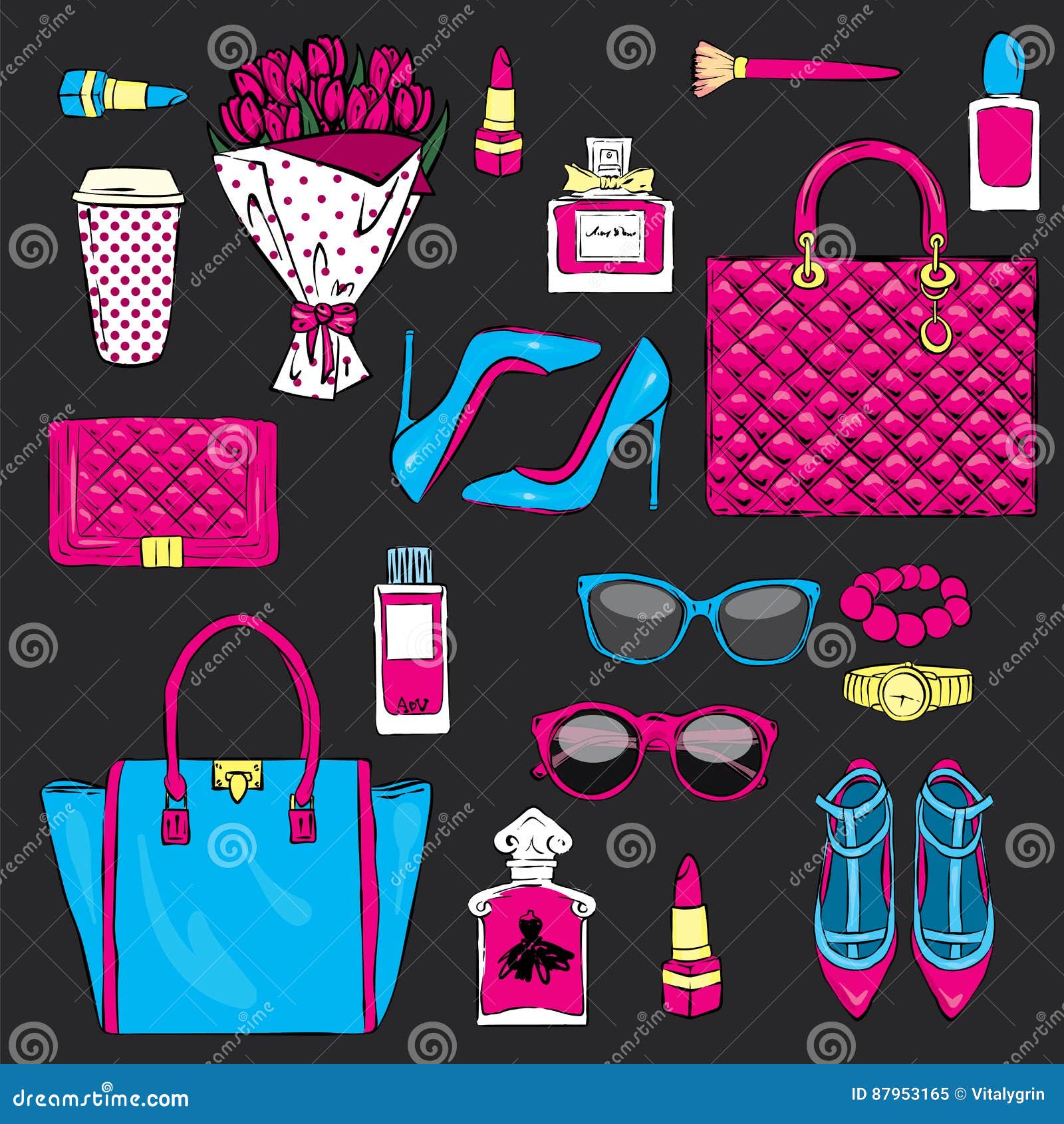 Set of Stylish Women`s Accessories. Vector Illustration for a Card