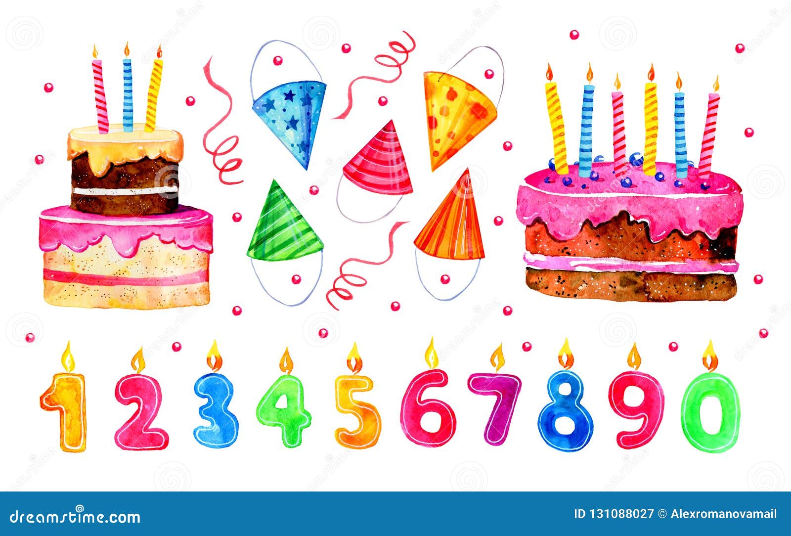 Set Of Stylized Birthday Elements. Hand Drawn Cartoon Cakes, Numeral