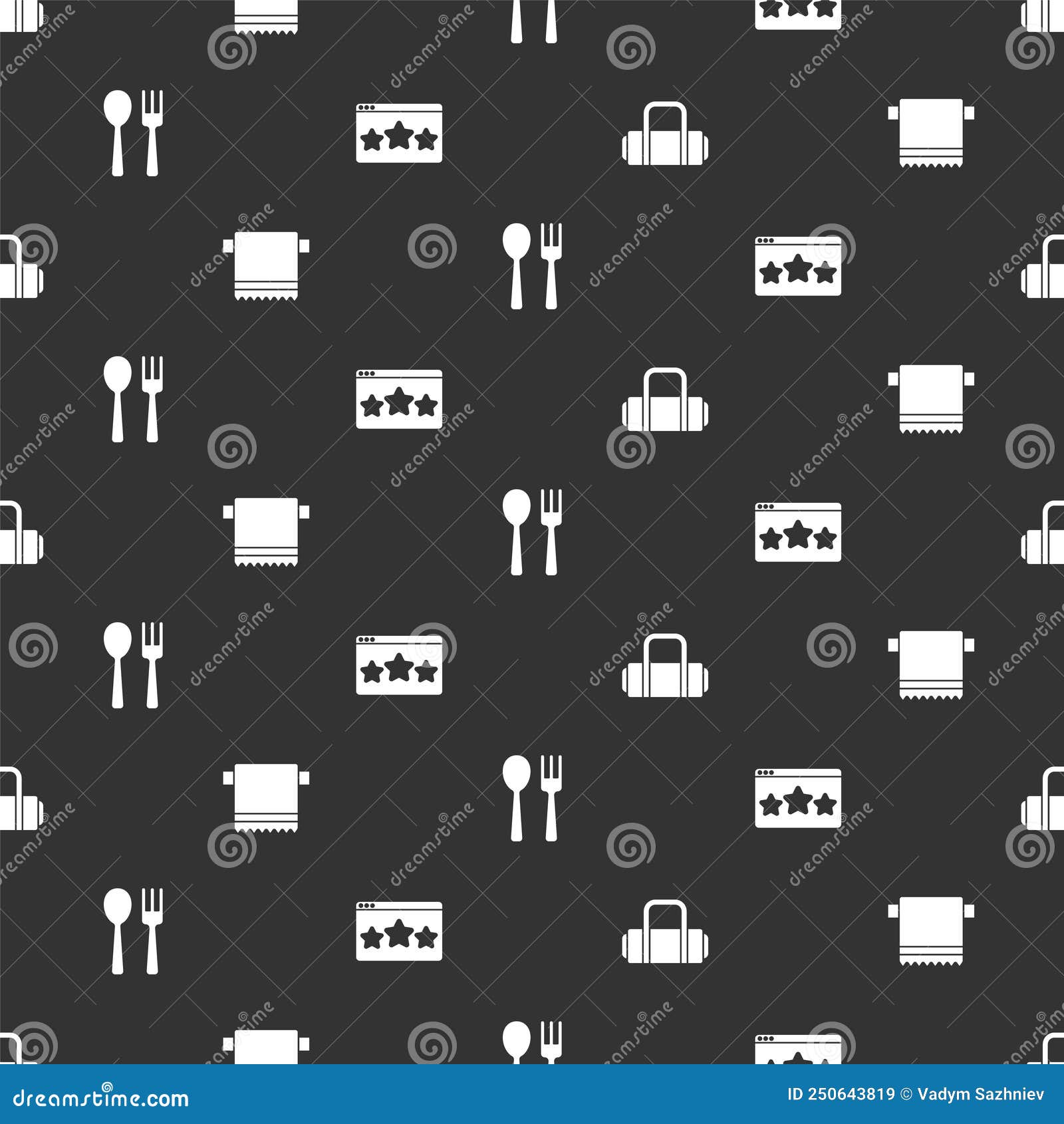 Set Suitcase, Towel on Hanger, Fork and Spoon and Five Stars Rating