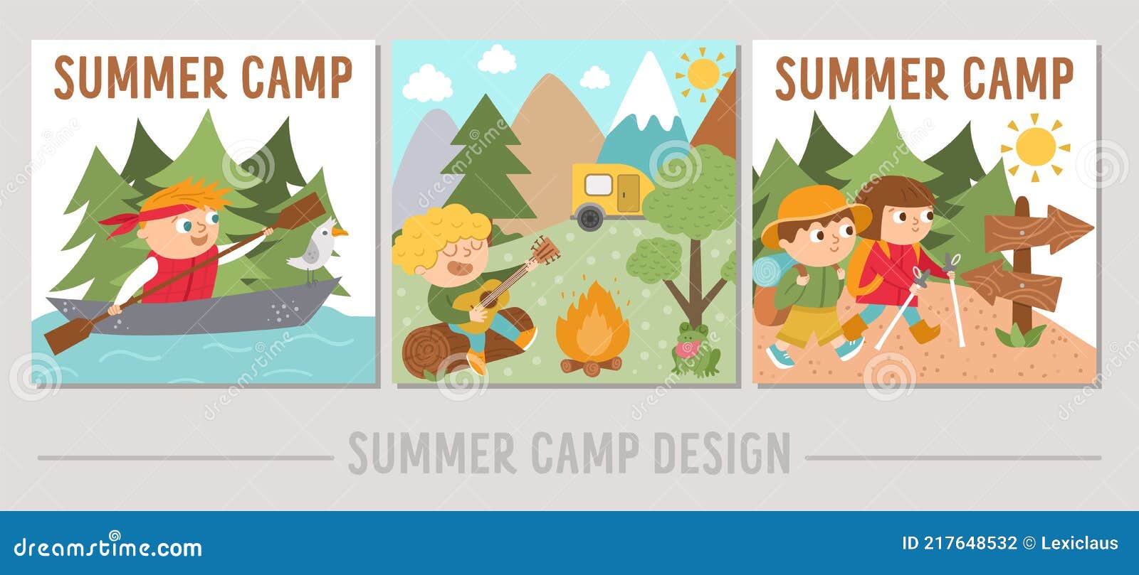 Set Of Summer Camp Cards With Cute Kids Doing Camping Activities Vector Square Print Templates With Children Rafting Playing Stock Vector Illustration Of Active Camping 217648532