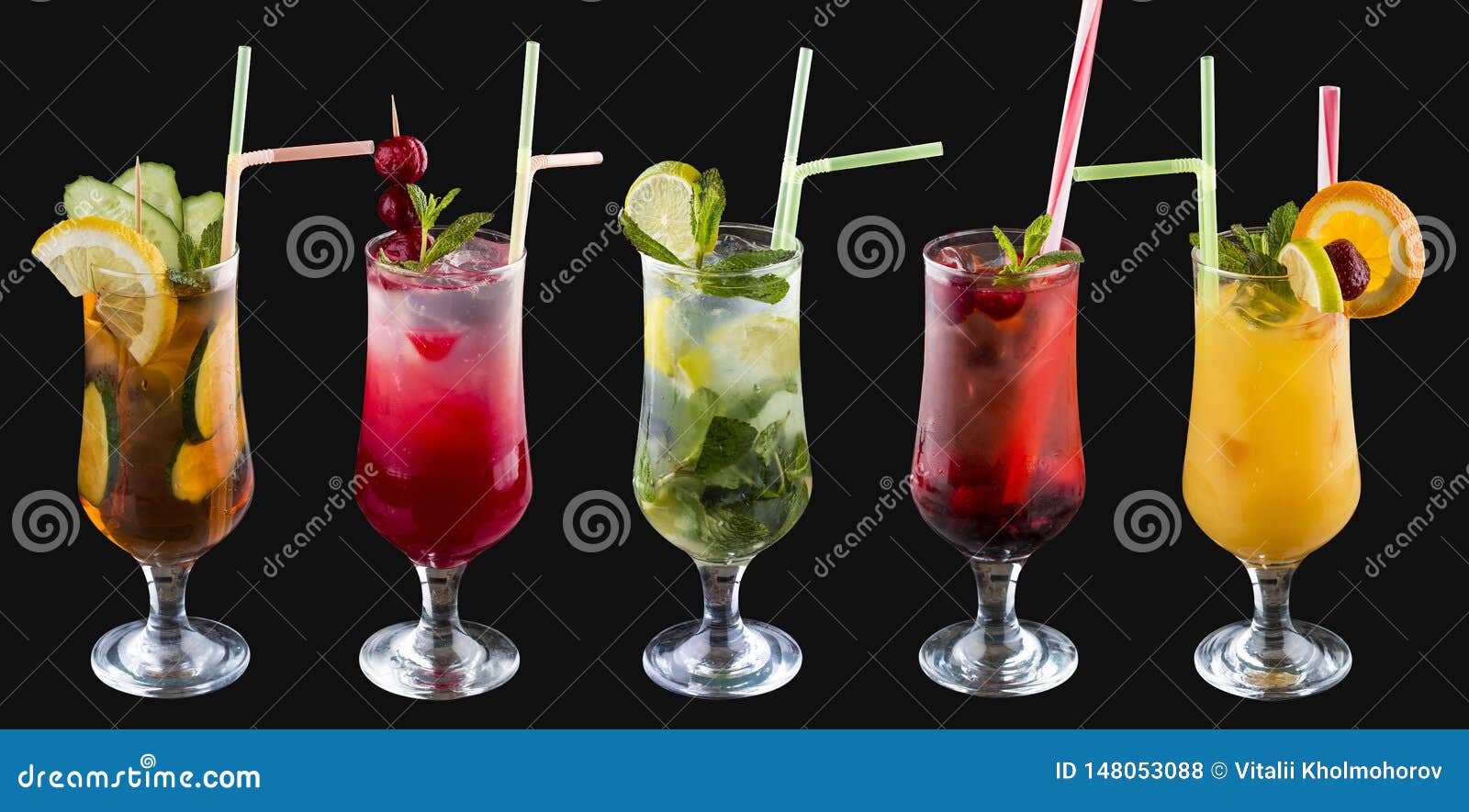 A Set of Summer Cold Drinks in Glasses. on a Black Background Stock