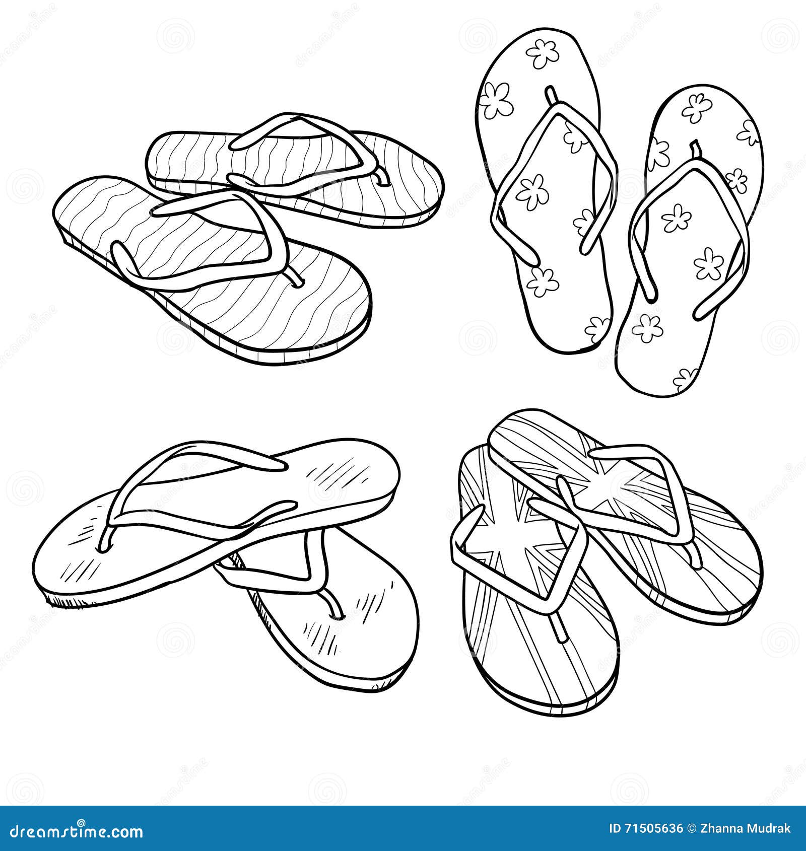 Set of Summer Footwear. Doodle Cartoon Flip Flops Isolated on White ...