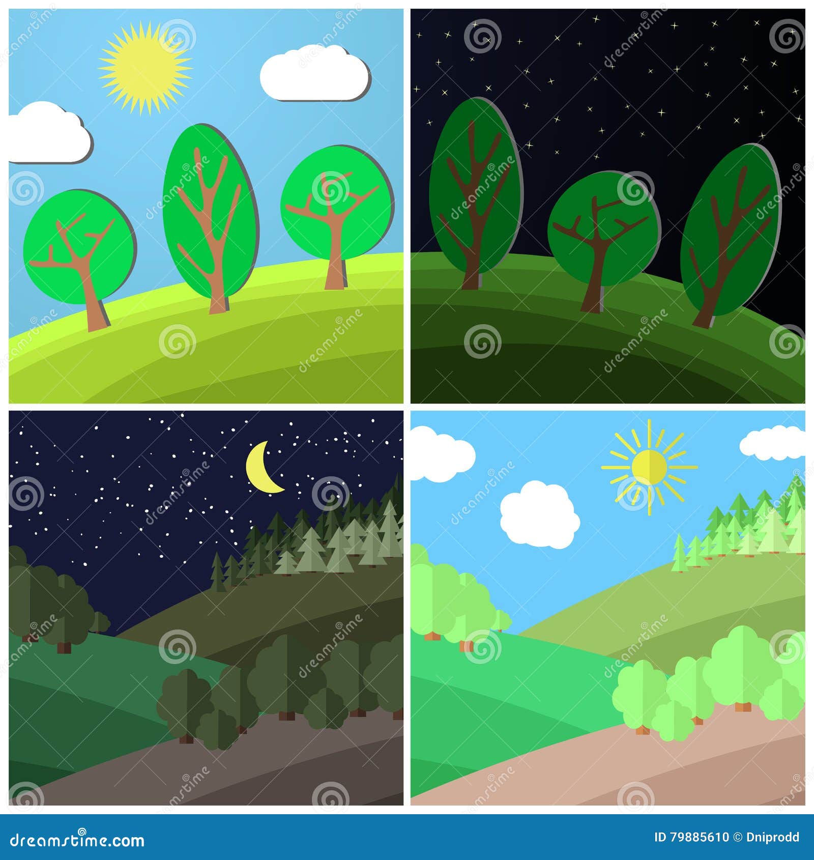 Set of Summer Landscape. Day and Night on a Clearing in the Forest ...