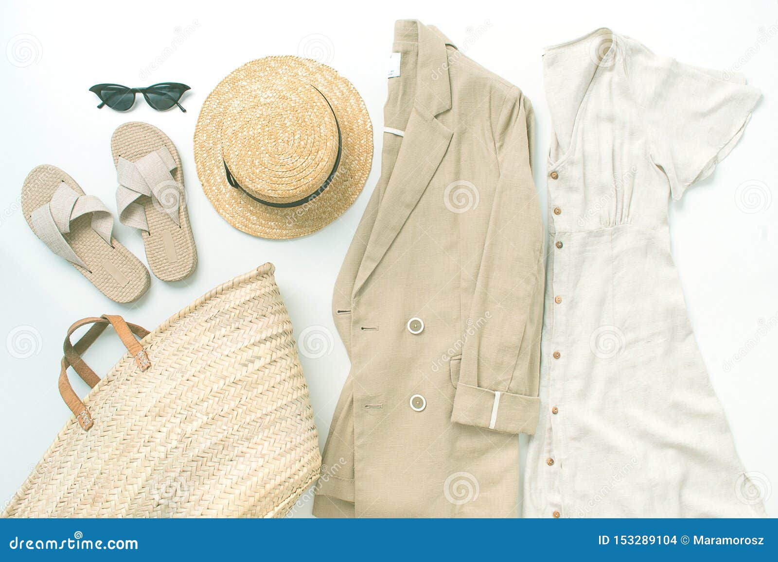 Set of Summer Linnen Outfin with Dress, Jacket, Glases and Shoes Stock ...