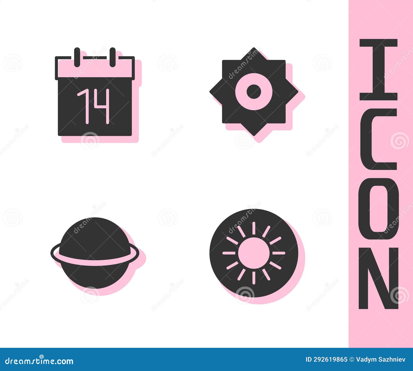 Set Sun, Calendar, Saturn and Falling Star Icon. Vector Stock
