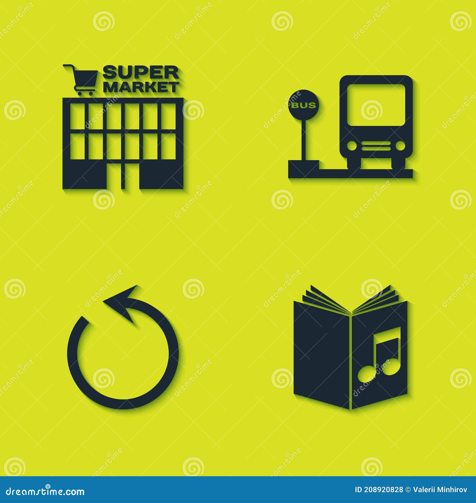 Set Supermarket Building, Audio Book, Refresh and Bus Stop Icon. Vector