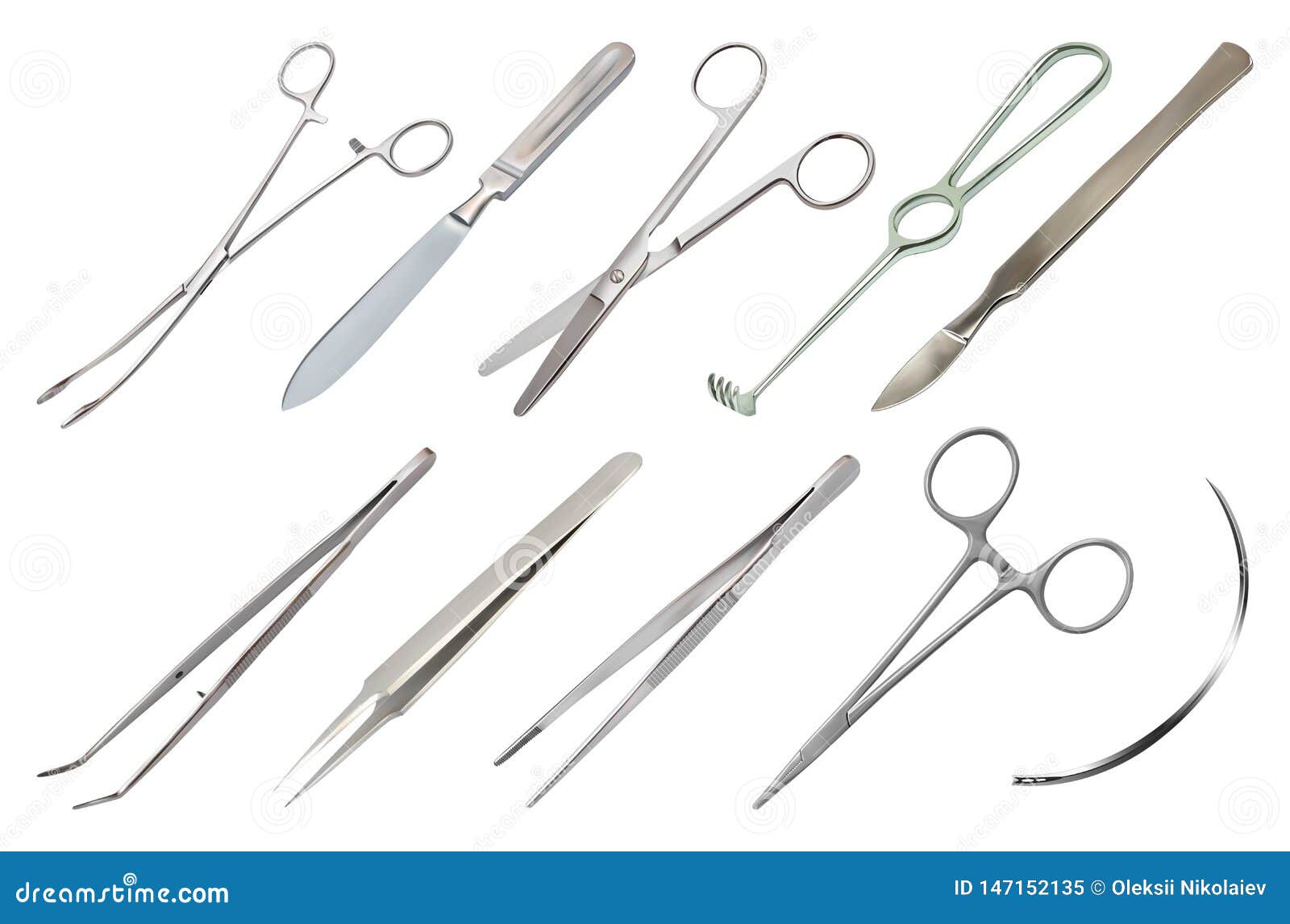 set of surgical instruments. different types of tweezers, scalpel, liston s amputation knife, clip with fastener