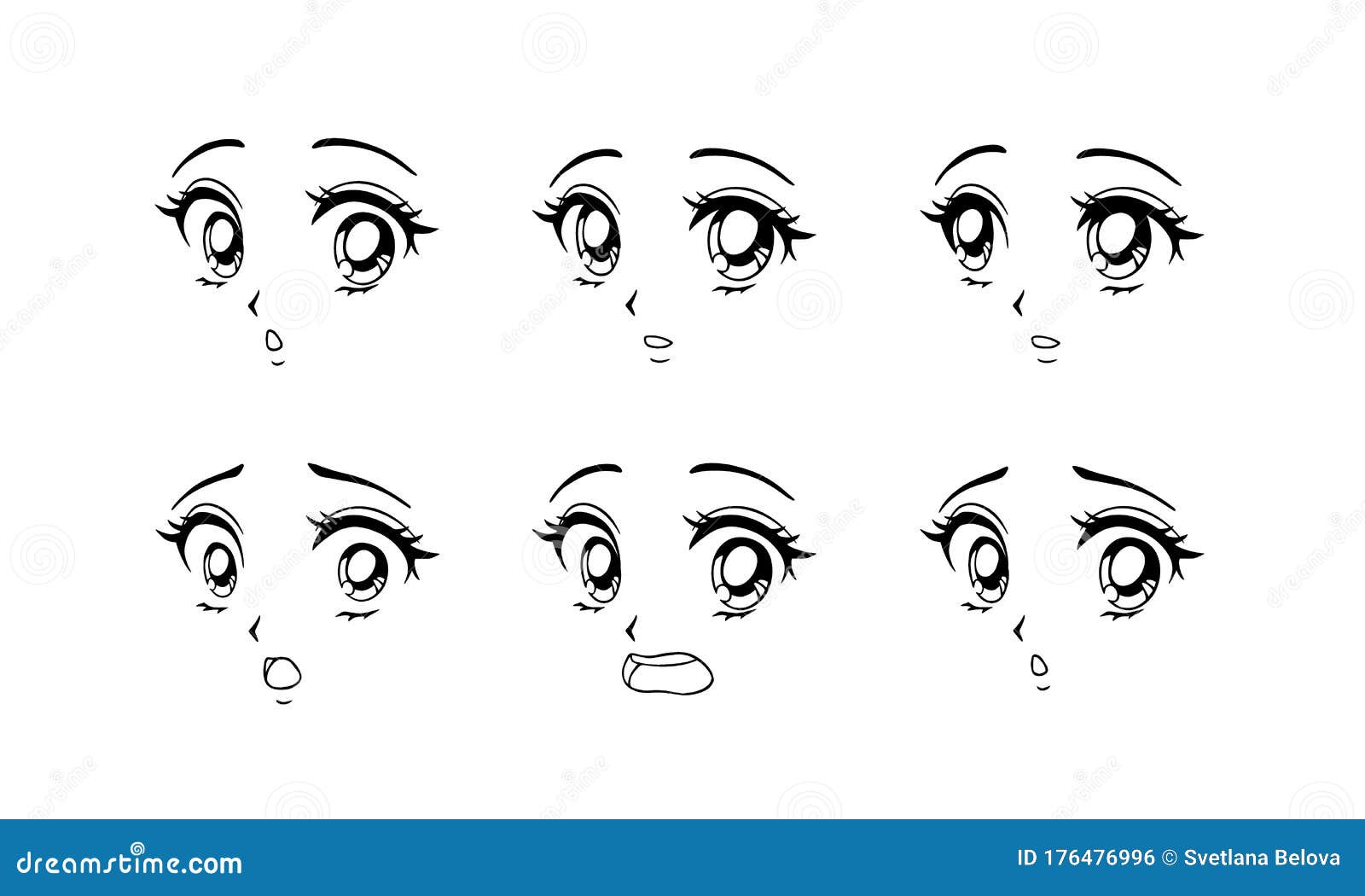 Set surprised and scared anime faces hand Vector Image