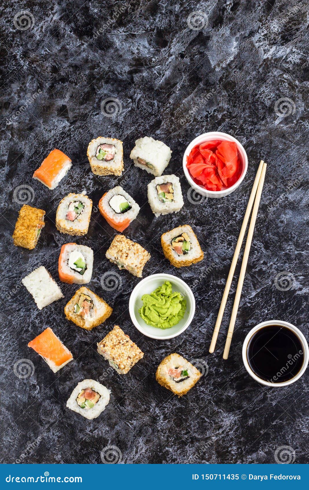 Set of Sushi and Maki on Stone Table. Top View with Copy Space Stock
