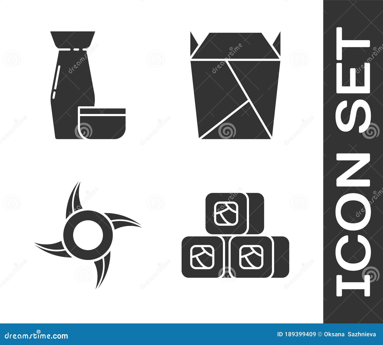 set sushi, traditional japanese tea ceremony, japanese ninja shuriken and rstaurant opened take out box filled icon