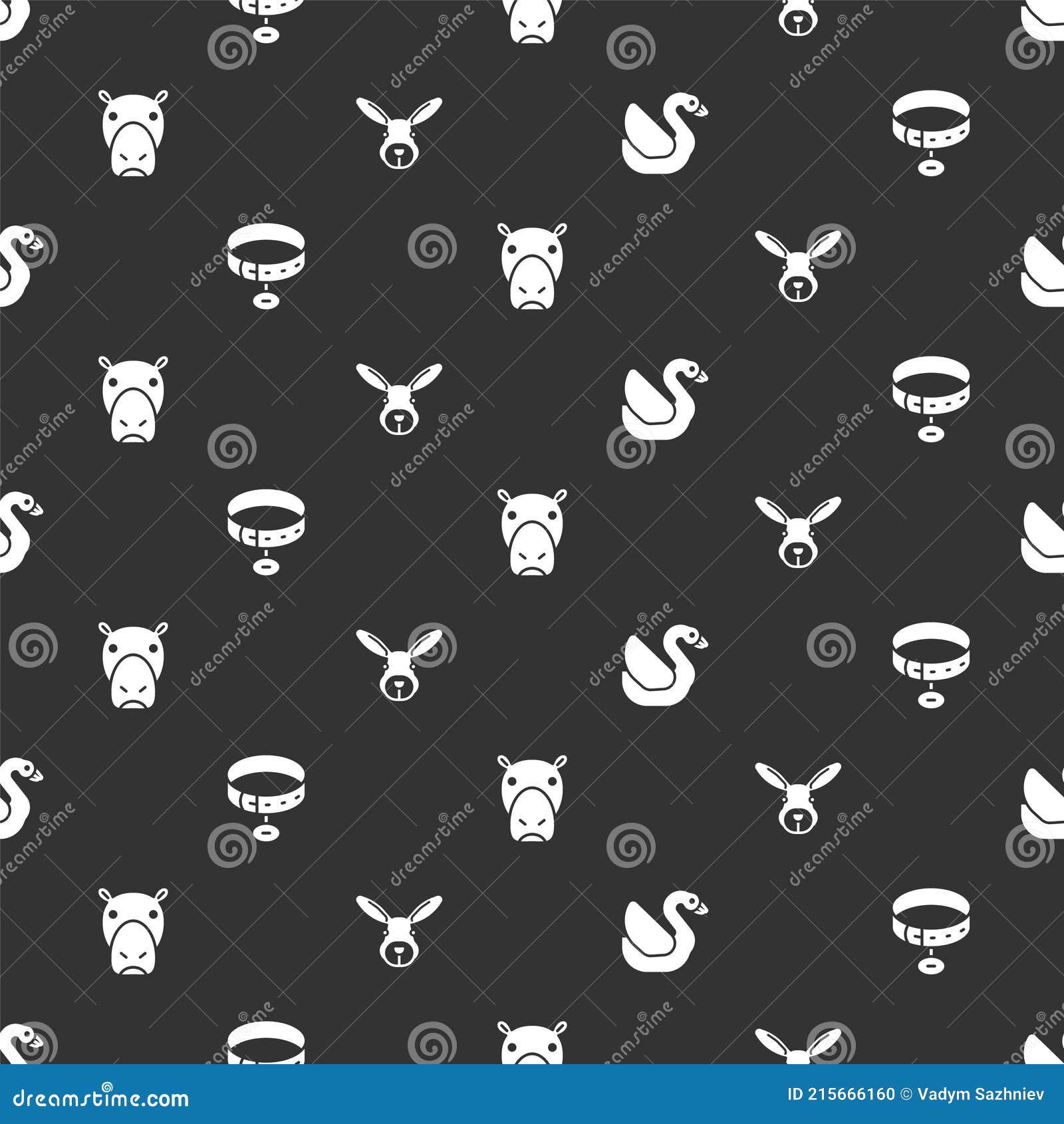 set swan bird, collar with name tag, hippo or hippopotamus and rabbit head on seamless pattern. 