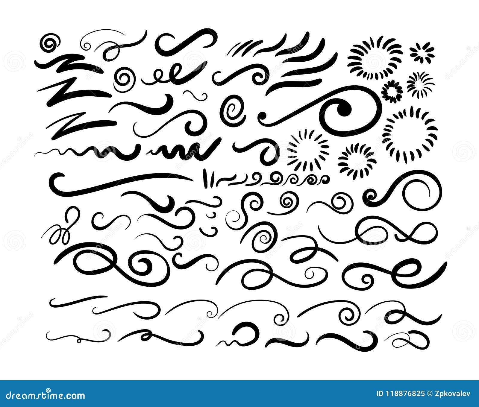 set of swashes, swoops, scribbles, and squiggles for typography emphasis.  .  on white background