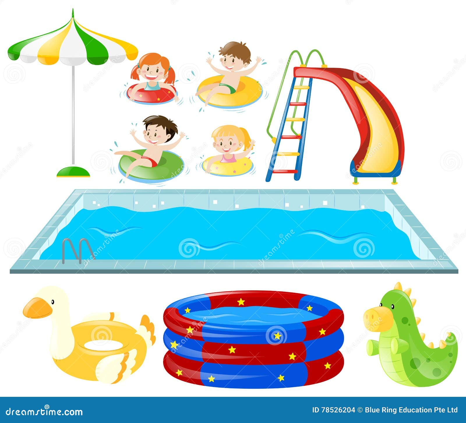 Set with Swimming Pool and Kids Swimming Stock Vector - Illustration of ...