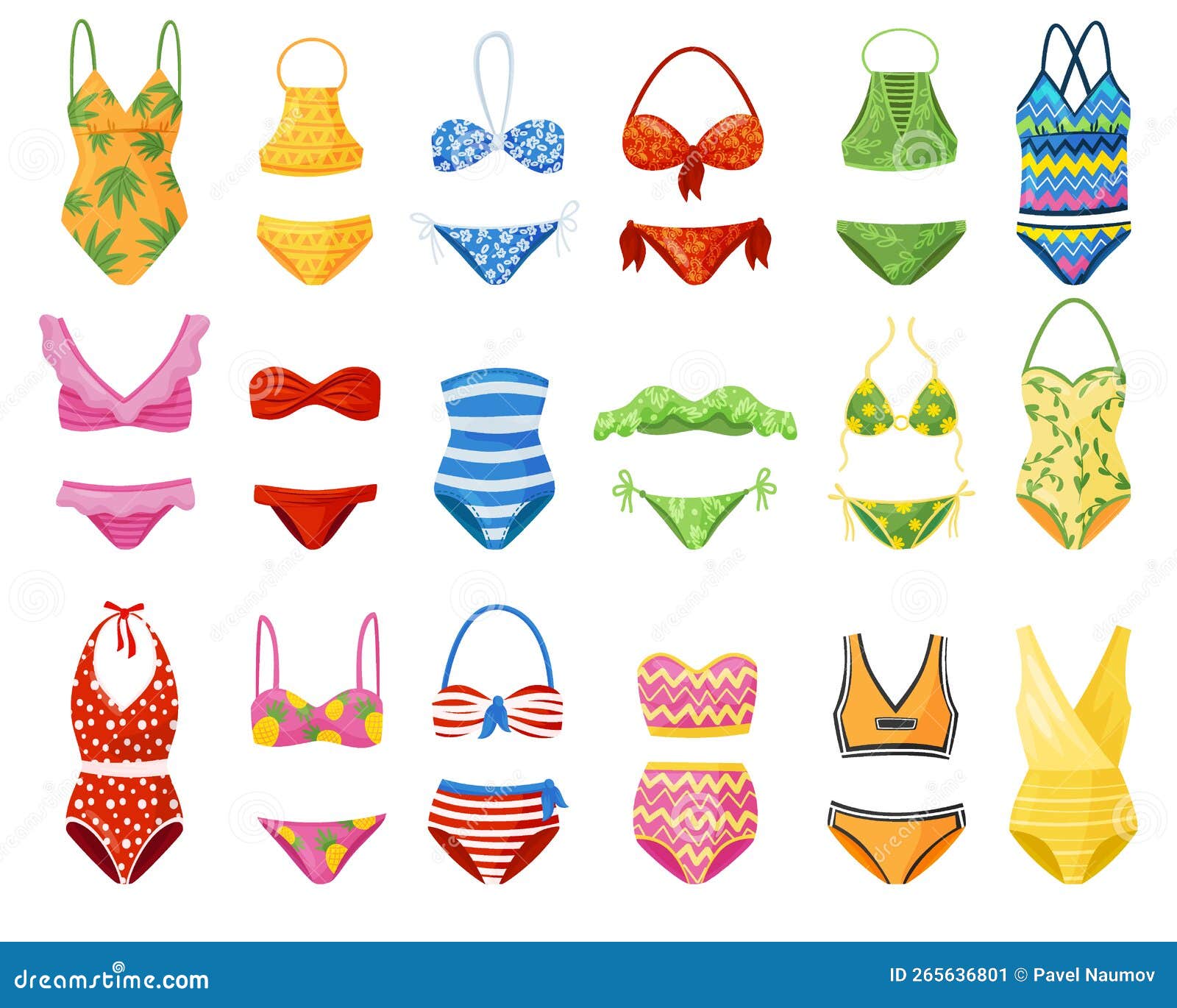 Set of Swimwear. Swimsuits and Bikini for Women and Girls Cartoon Vecto ...
