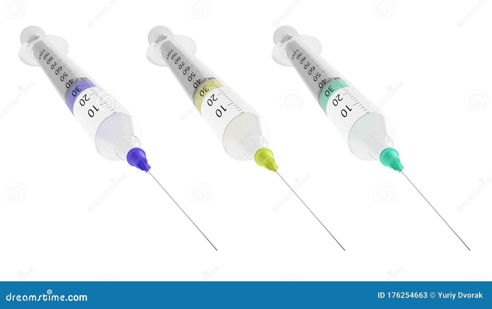 Set Of Syringes With Hypodermic Needle Isolated On White Background. 3d Rendering Stock