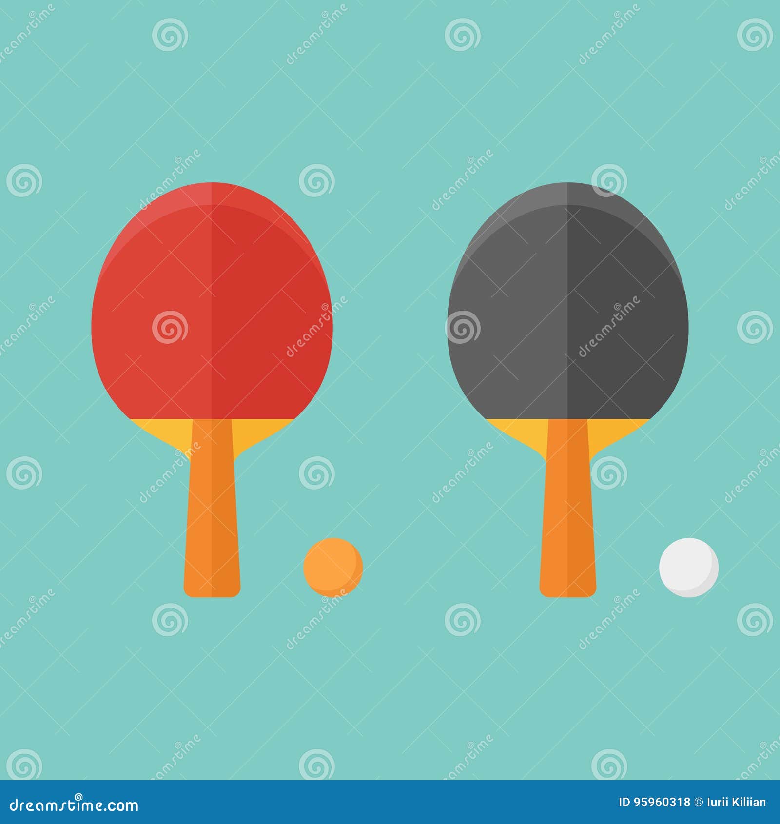 Set of Table Tennis Bats and Balls. Flat Style Vector Illustration