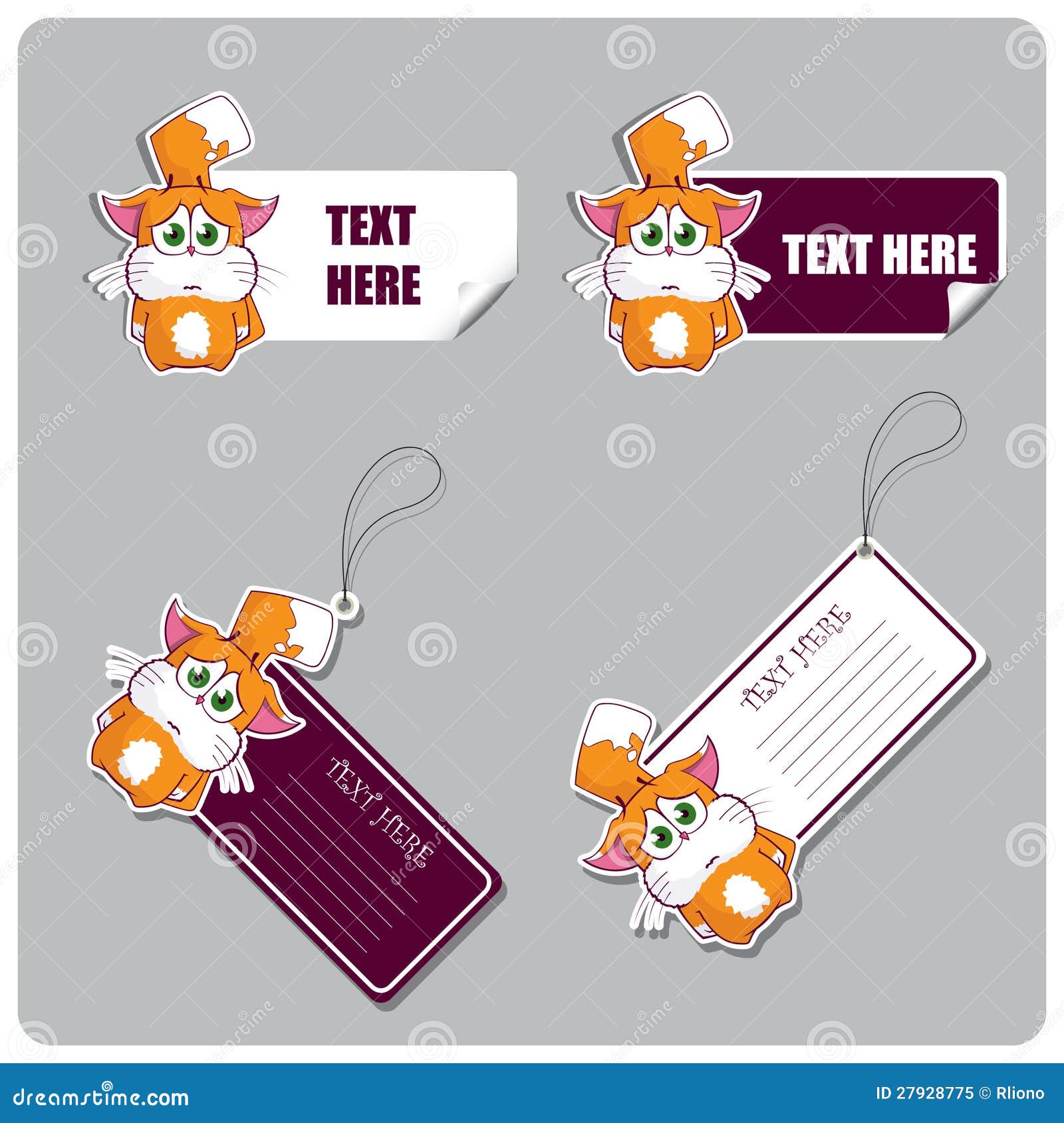 Set of Tags and Stickers with Cartoon Kitty. Stock Illustration