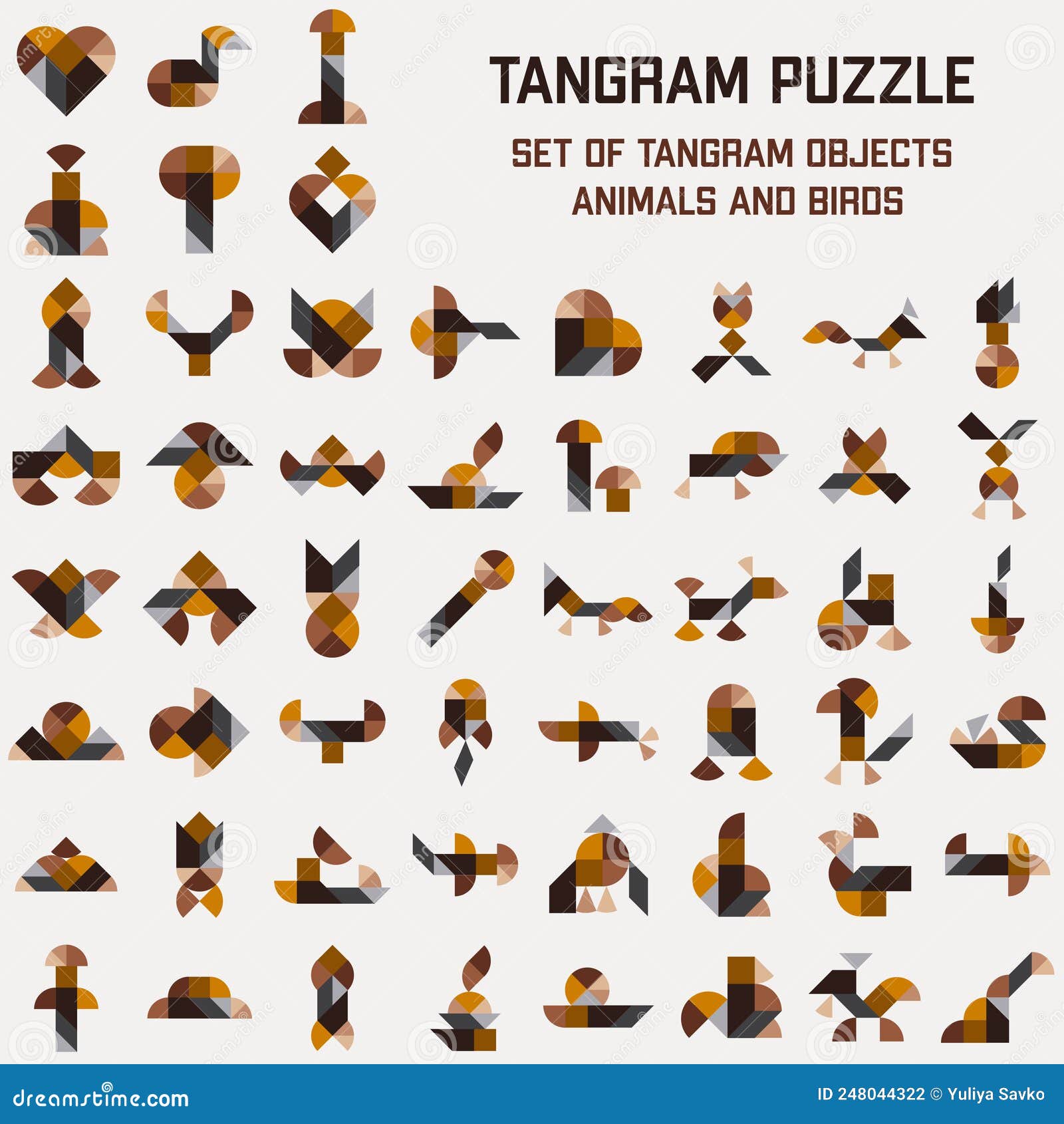 Tangram puzzle. Schemes with different animals. Stock Vector