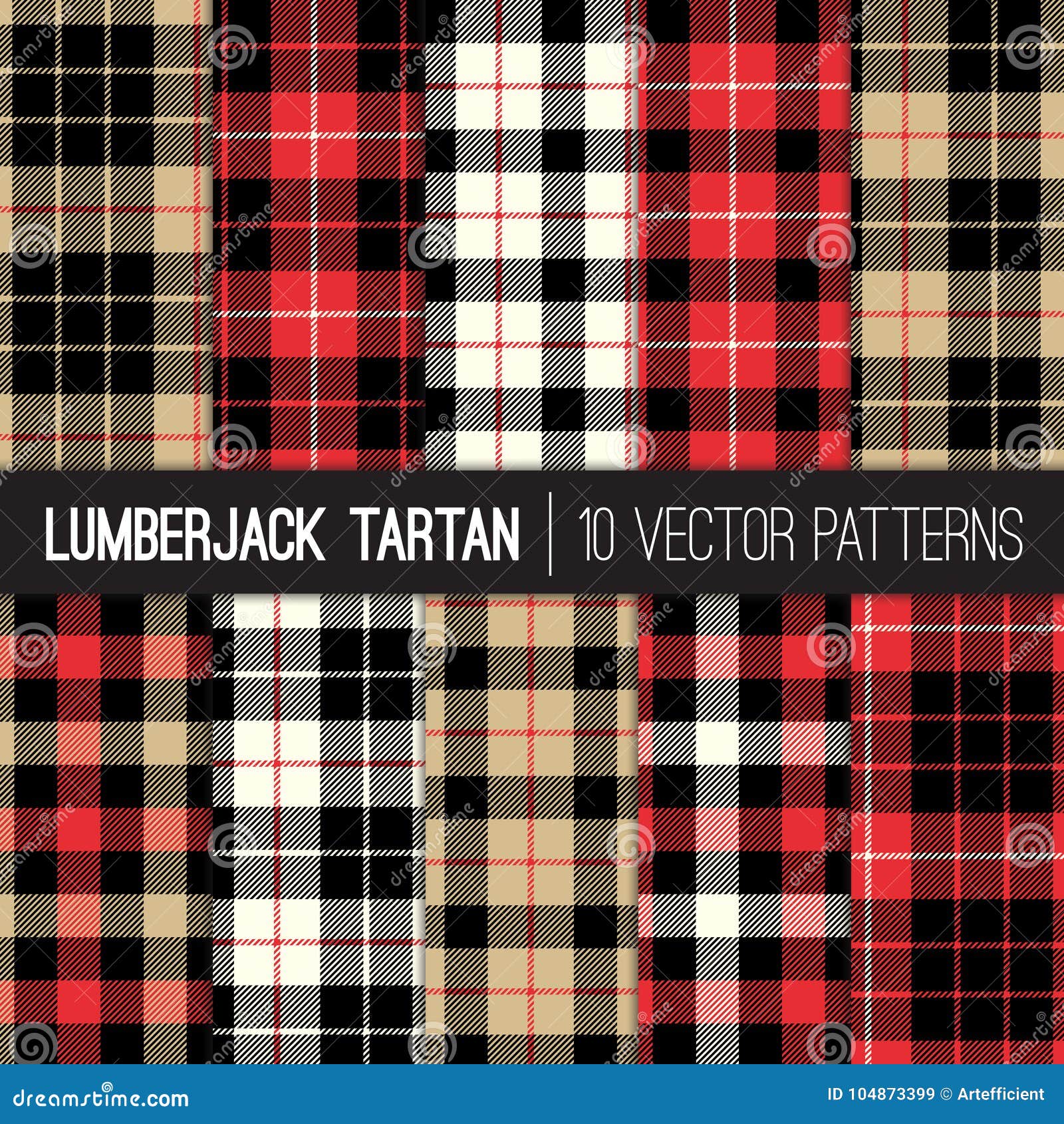 lumberjack tartan plaid  seamless patterns in red, black, tan and white.