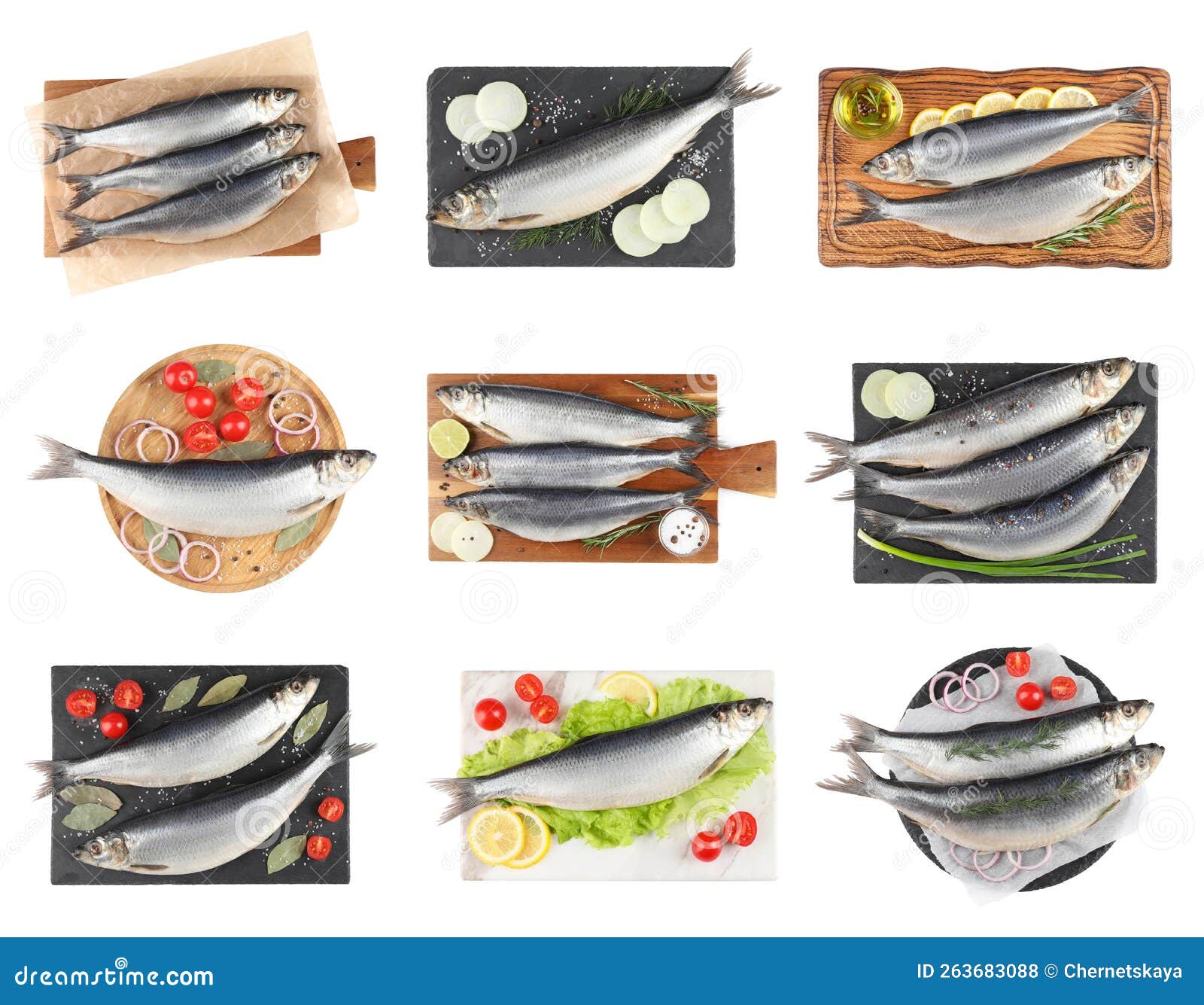 Set with Tasty Salted Herrings on White Background, Top View Stock