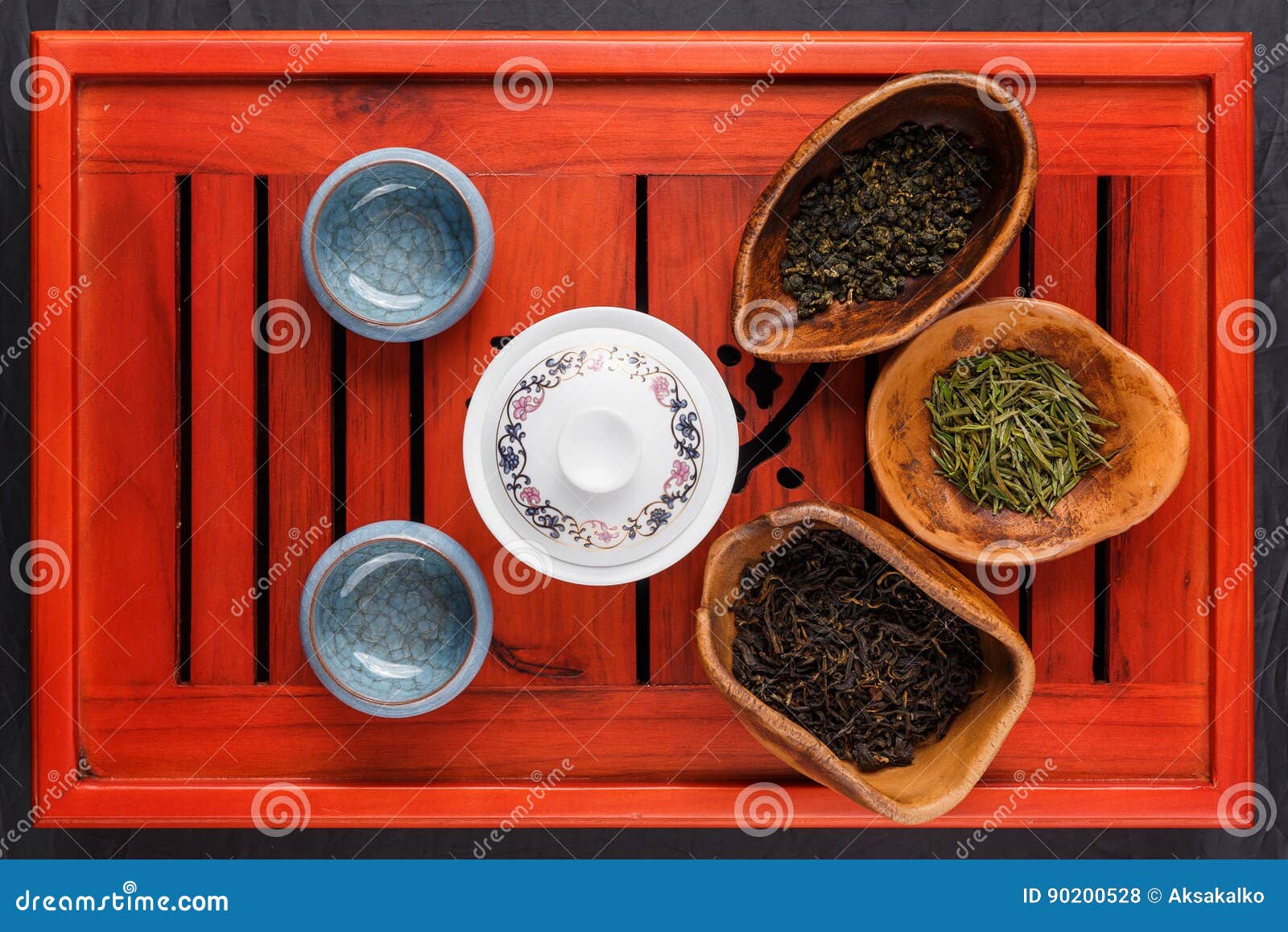 Set of Teapot, Three Kinds of Tea and Two Bowls Stock Photo Image of