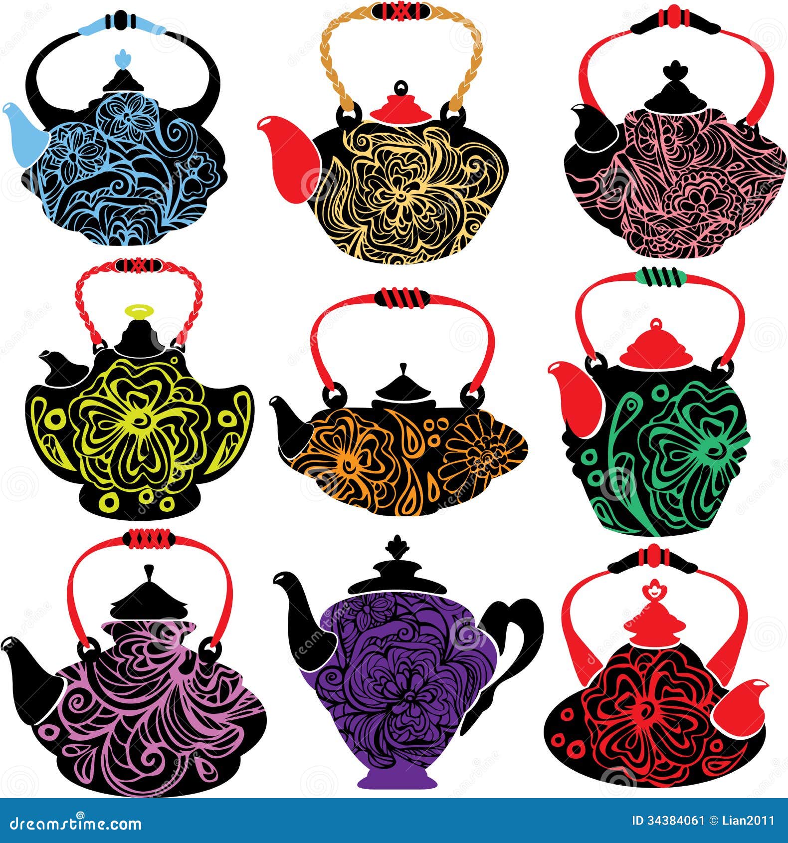 Set teapot z kwiecistym ornamentem odizolowywającym na Whi. Set teapot z kwiecistym ornamentem odizolowywającym na Białym tło wystroju