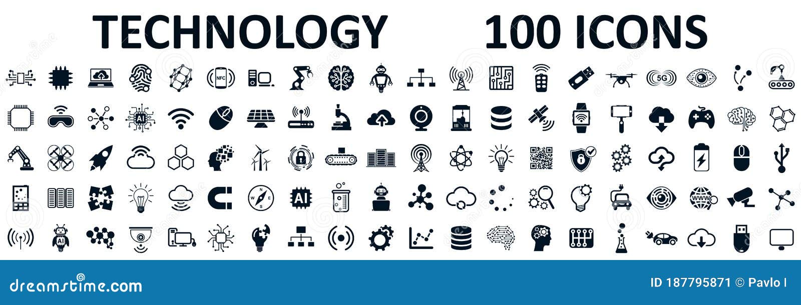 set of 100 technology icons. industry 4.0 concept factory of the future. technology progress: 5g, ai, robot, iot, near field