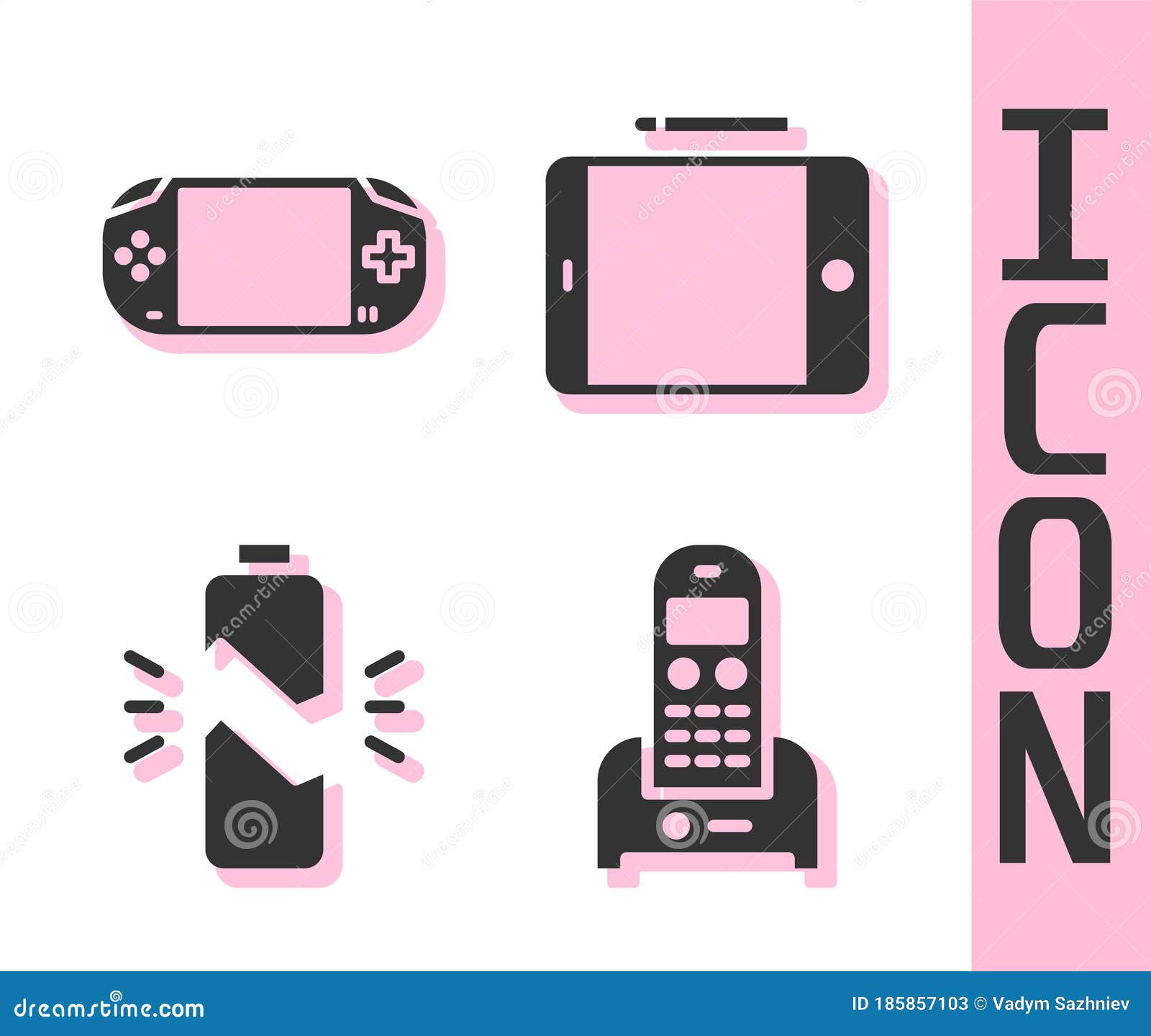 Set Telephone Portable Video Game Console Broken Battery And Graphic Tablet Icon Vector Stock Vector Illustration Of Energy Gaming 185857103