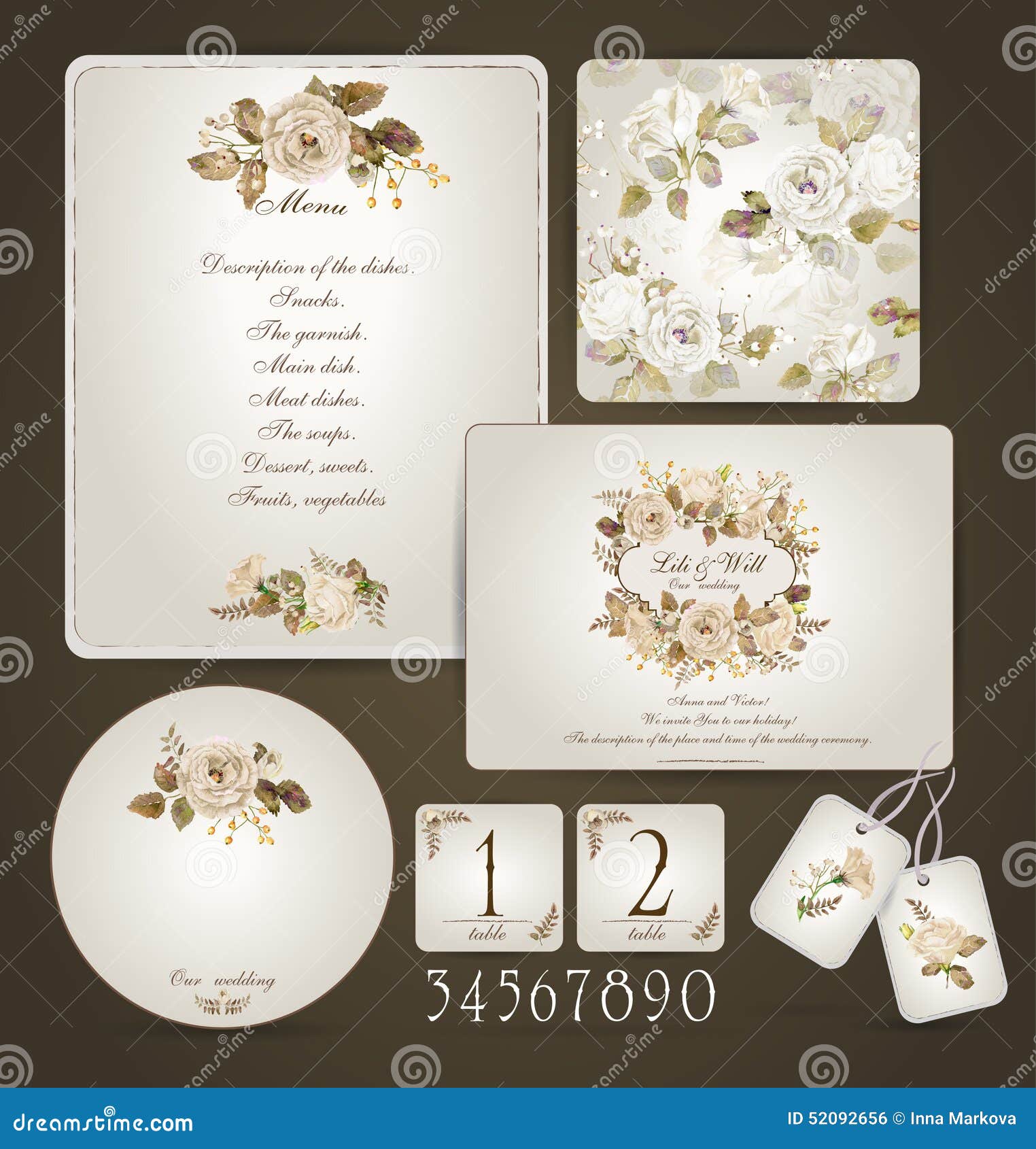 Set Of Templates For Celebration Wedding Beige Roses Stock Vector