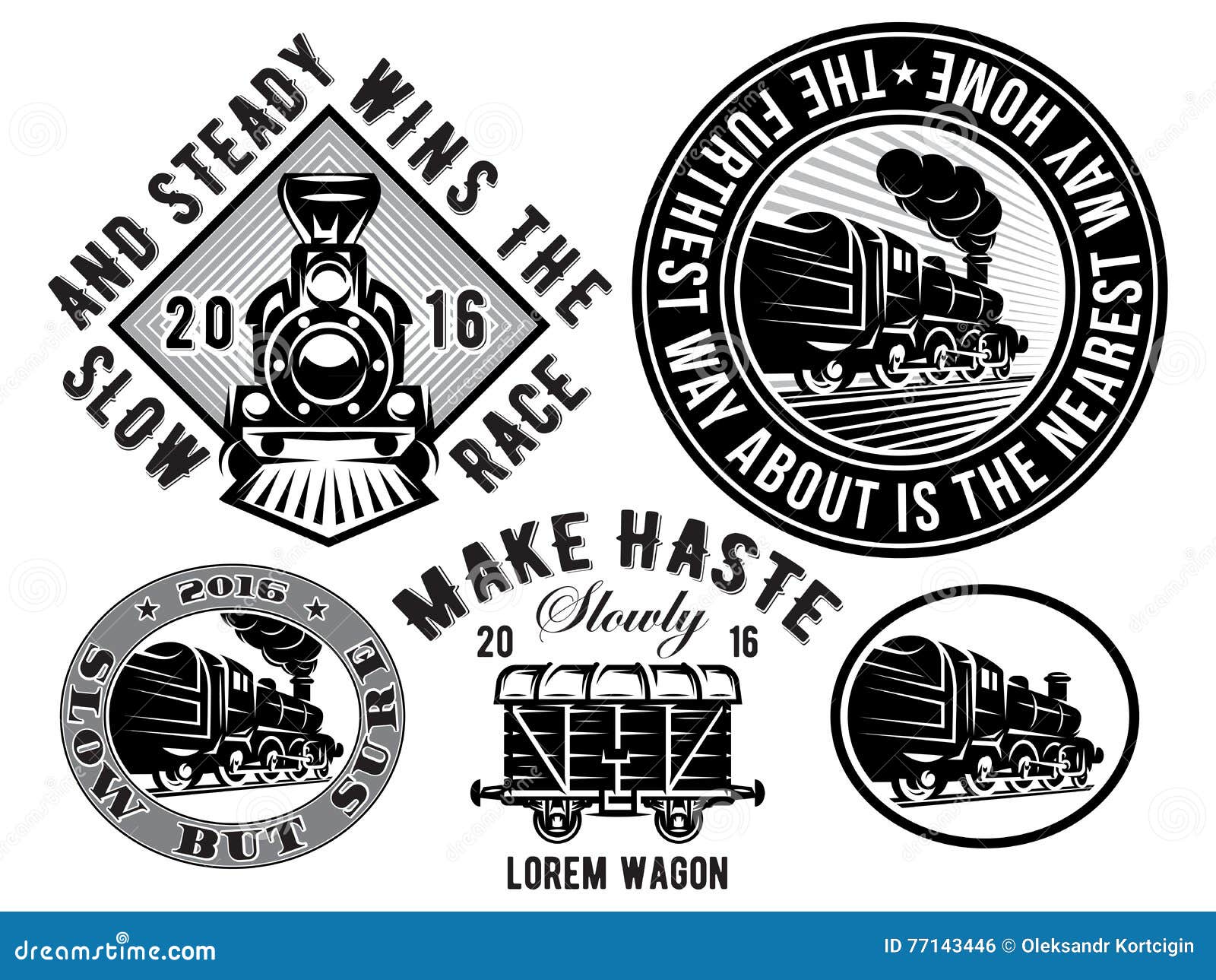 set of templates with retro locomotive, wagon, vintage train, logotype,  to topic railroad