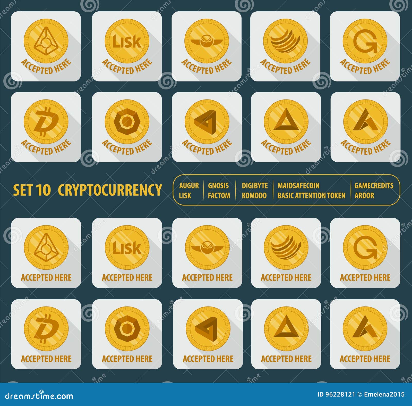 Set Of Ten Different Cryptocurrency Icons On A Light ...