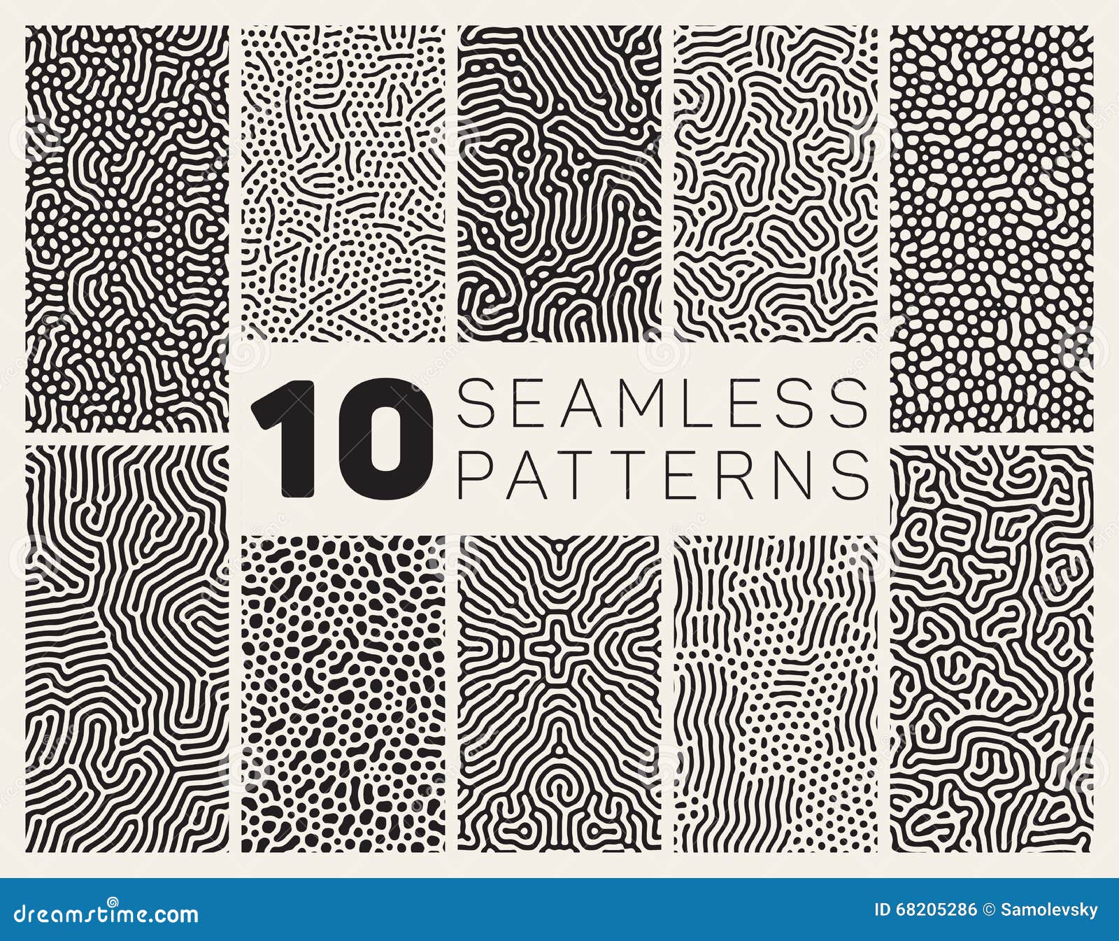 set of ten  seamless black and white organic rounded jumble maze lines patterns